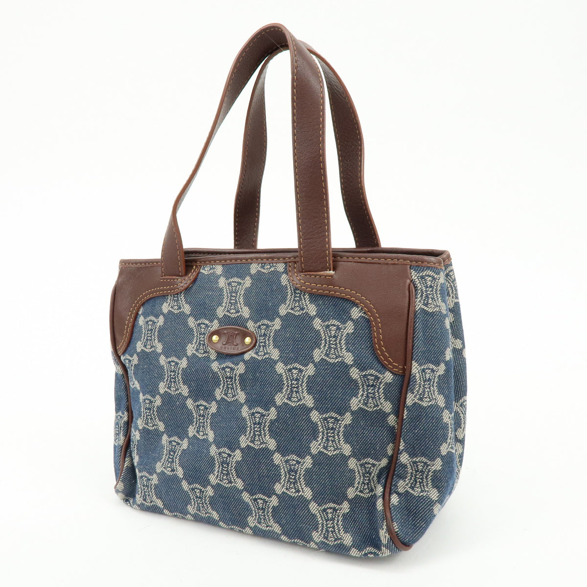CELINE Paris Macadam Denim Leather Mini Tote Hand Bag Navy Brown