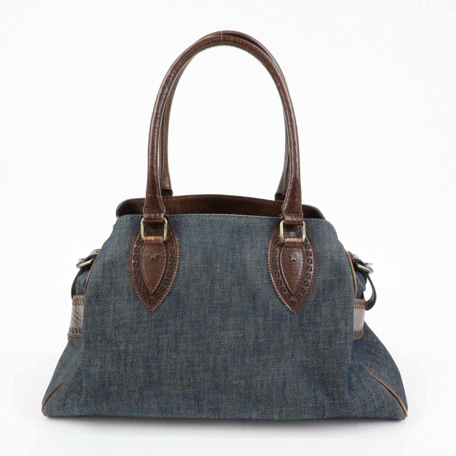 FENDI Etnico Leather Denim Tote Bag Shoulder Bag Brown Blue 8BN162