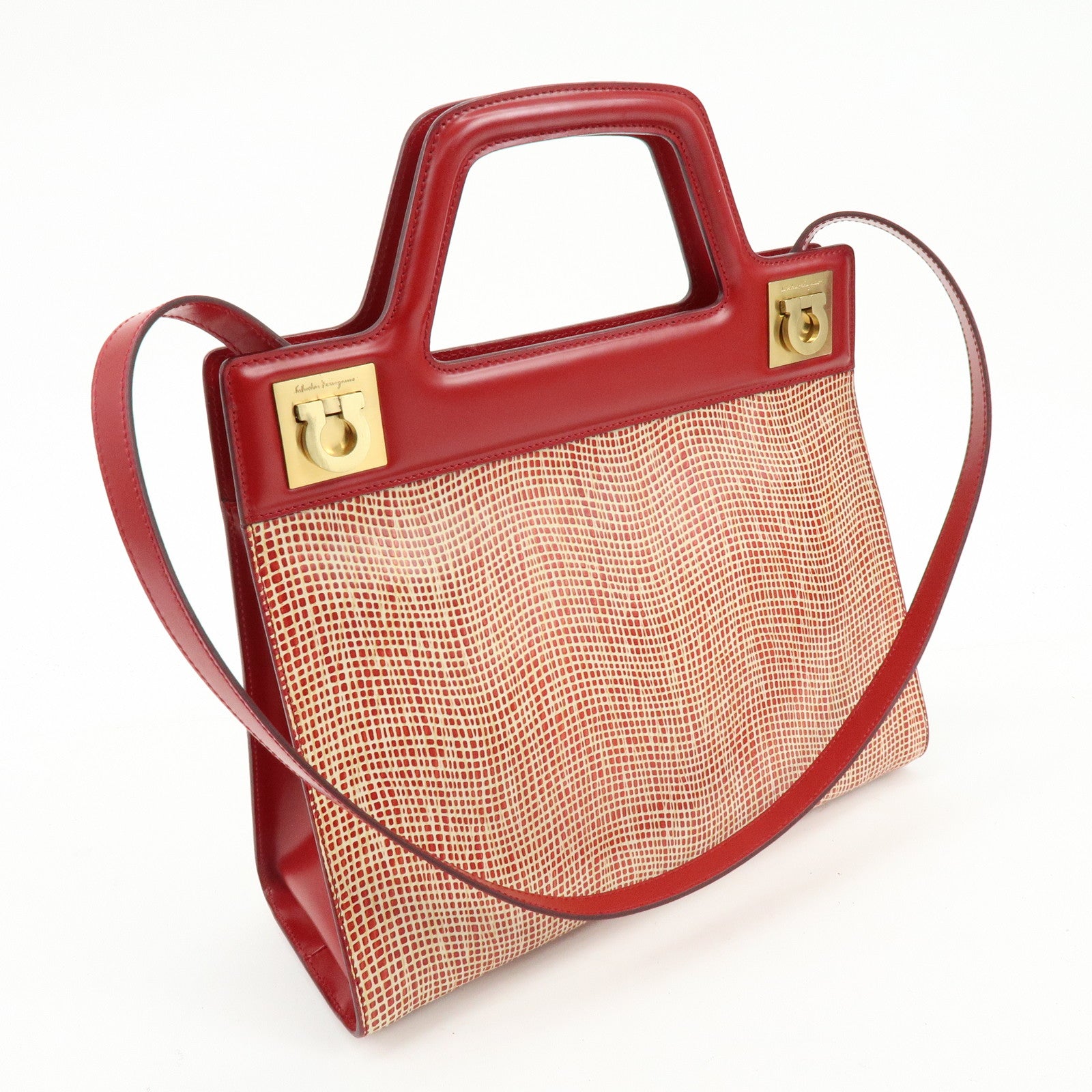 Ferragamo Gancini Leather 2Way Bag Hand Bag Shoulder Bag Red