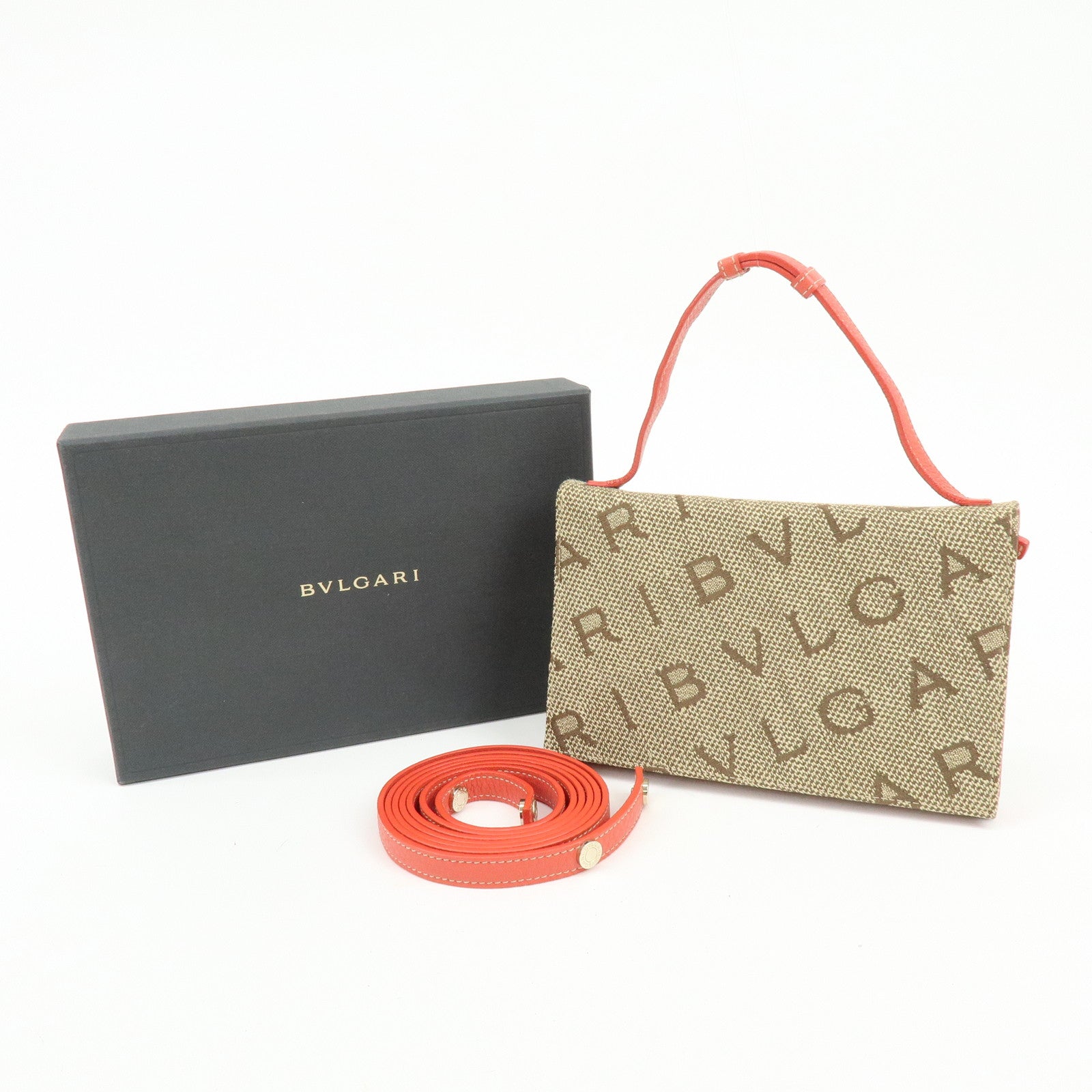 BVLGARI Logomania Jacquard Leather Bi-fold Long Wallet 2Way Bag Beige