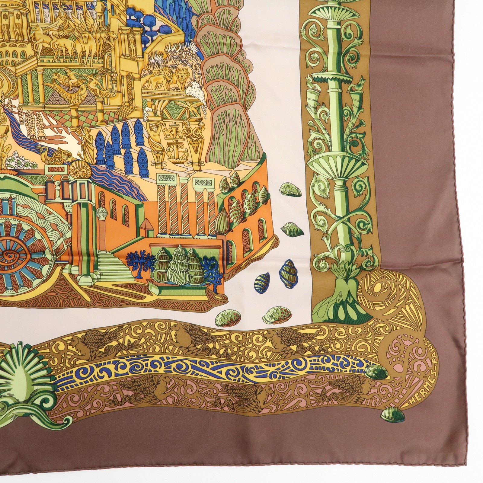 HERMES Carre 90 Silk 100% Scarf L ATLANTIDE Brown Blue Gold