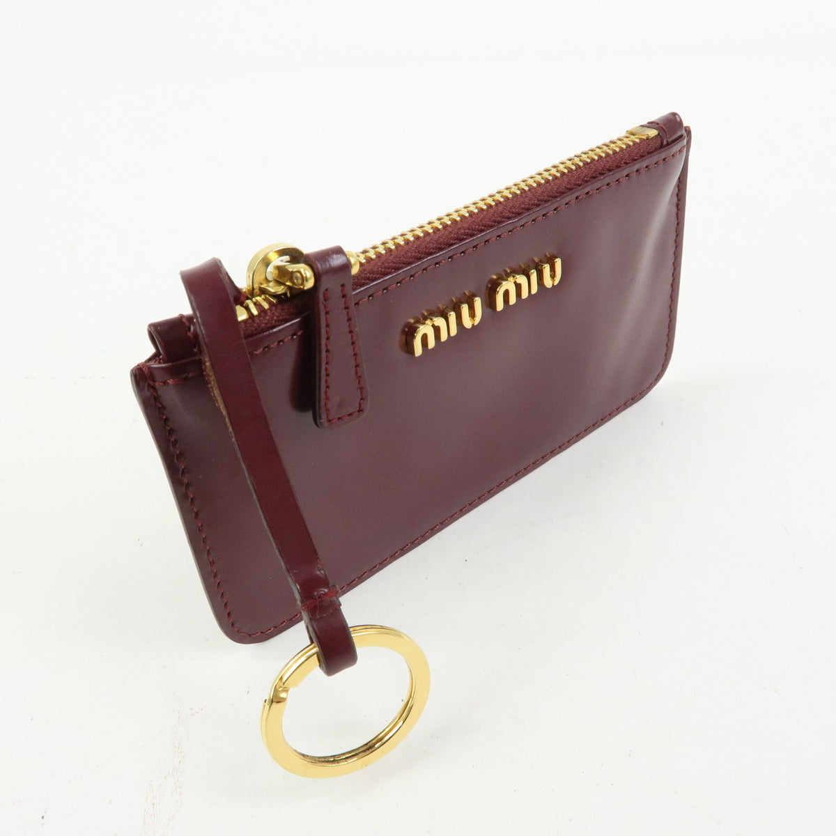 MIU MIU Leather Coin Case Key Ring Pouch Purse Bordeaux Wine Red