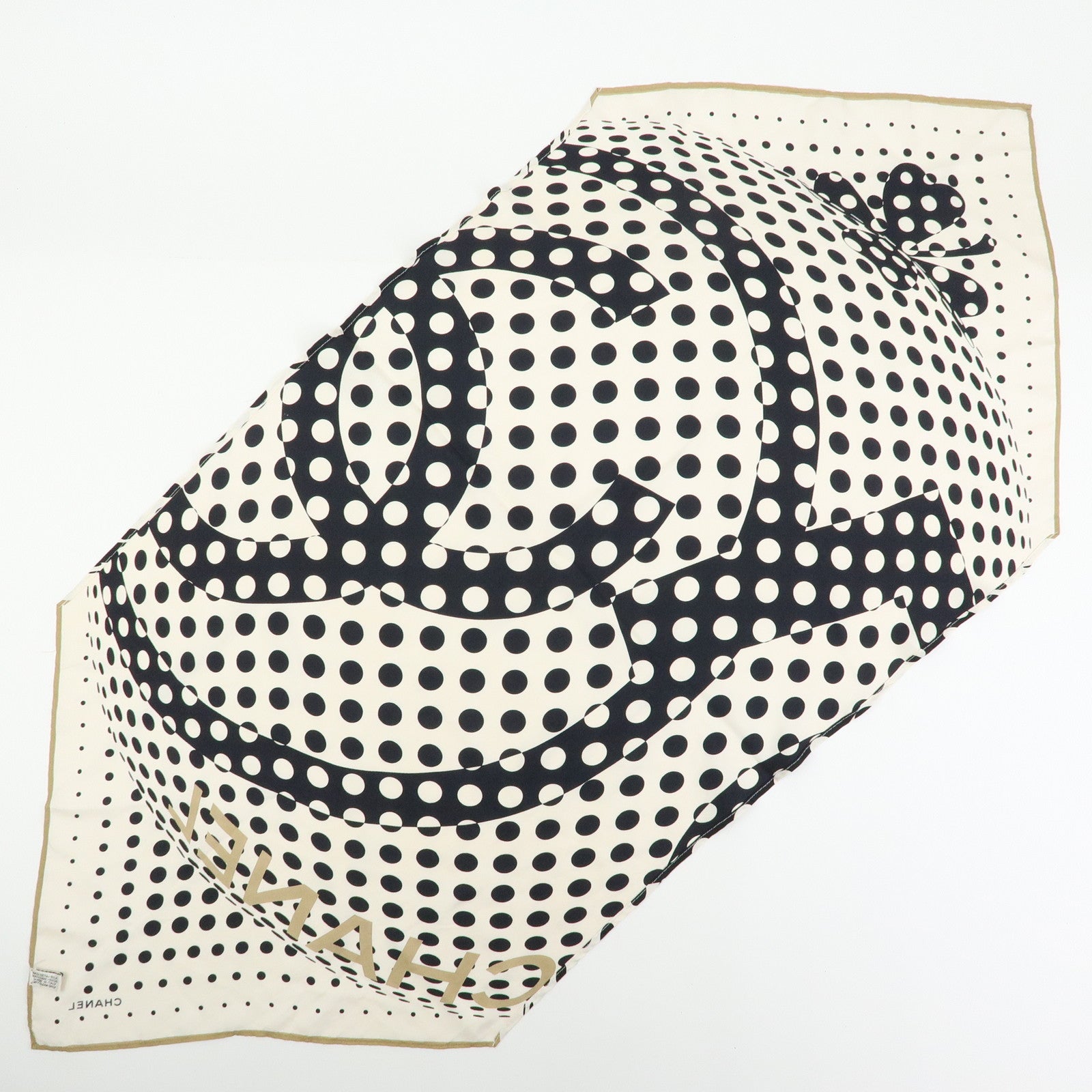 CHANEL COCO Mark Silk 100% Scarf Dot Pattern Clover Ivory Black