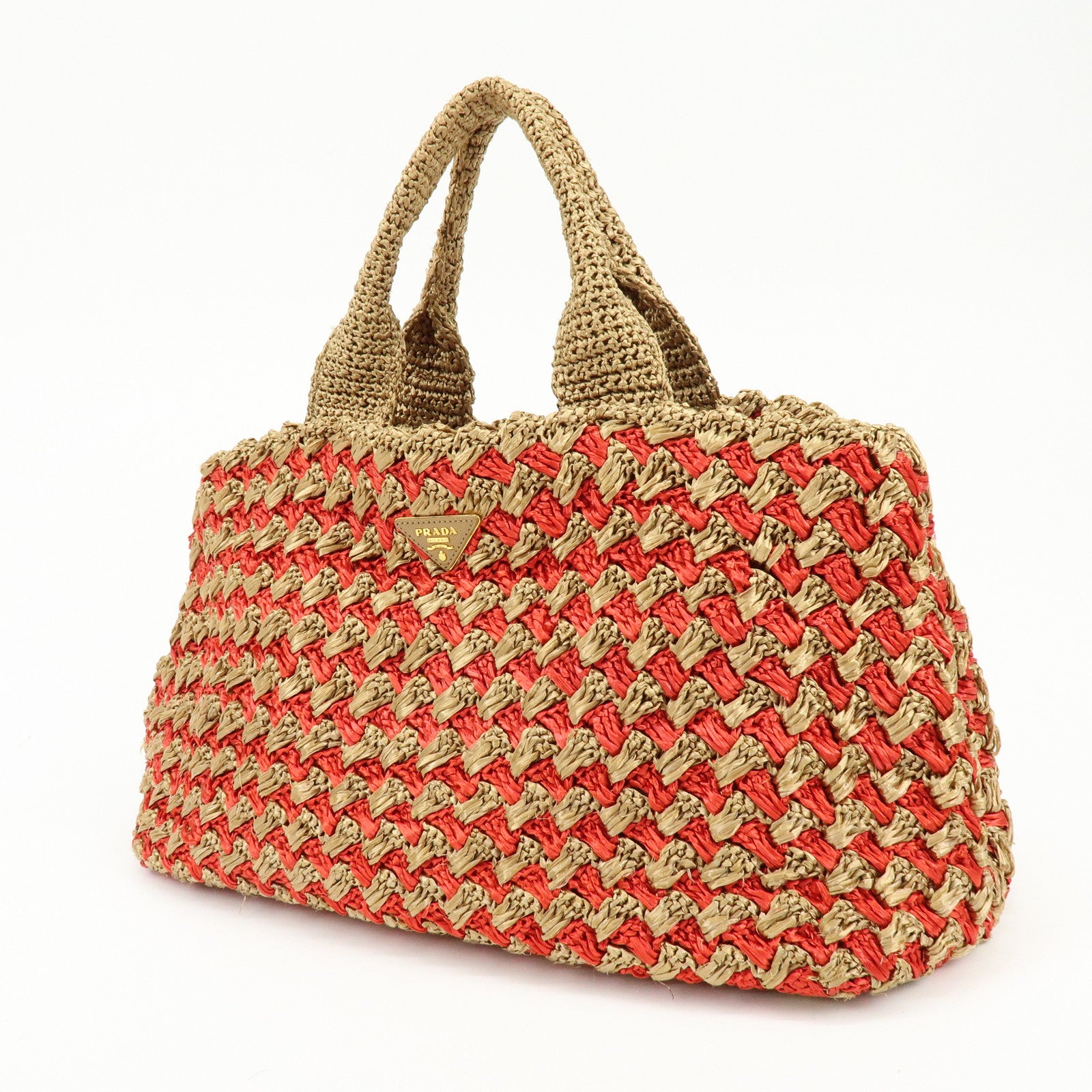 PRADA Canapa Large Triangle Logo Raffia Tote Bag Natural Red BN2302