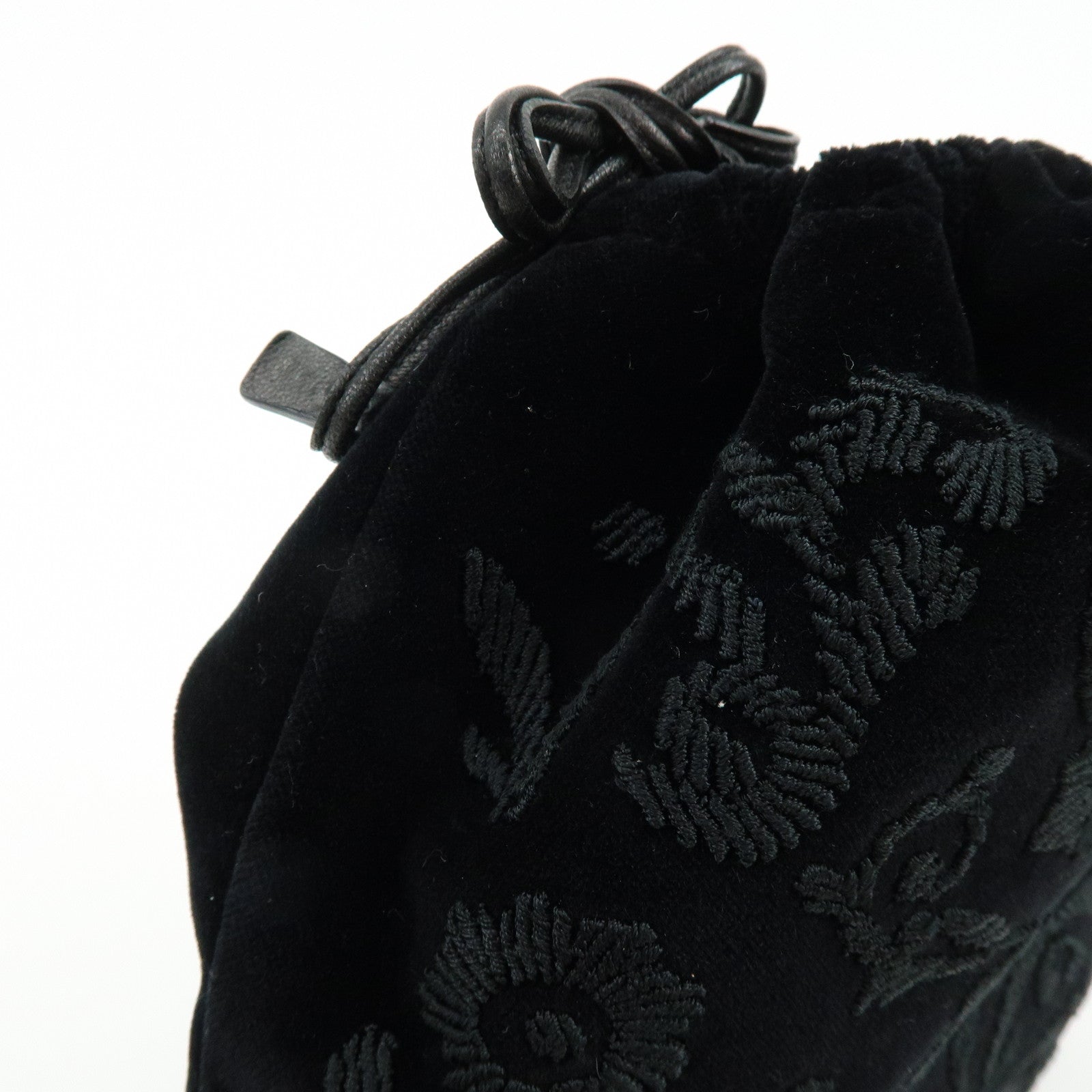 PRADA Logo Velvet Leather Drawstring Pouch Embroidery Black 1MU001