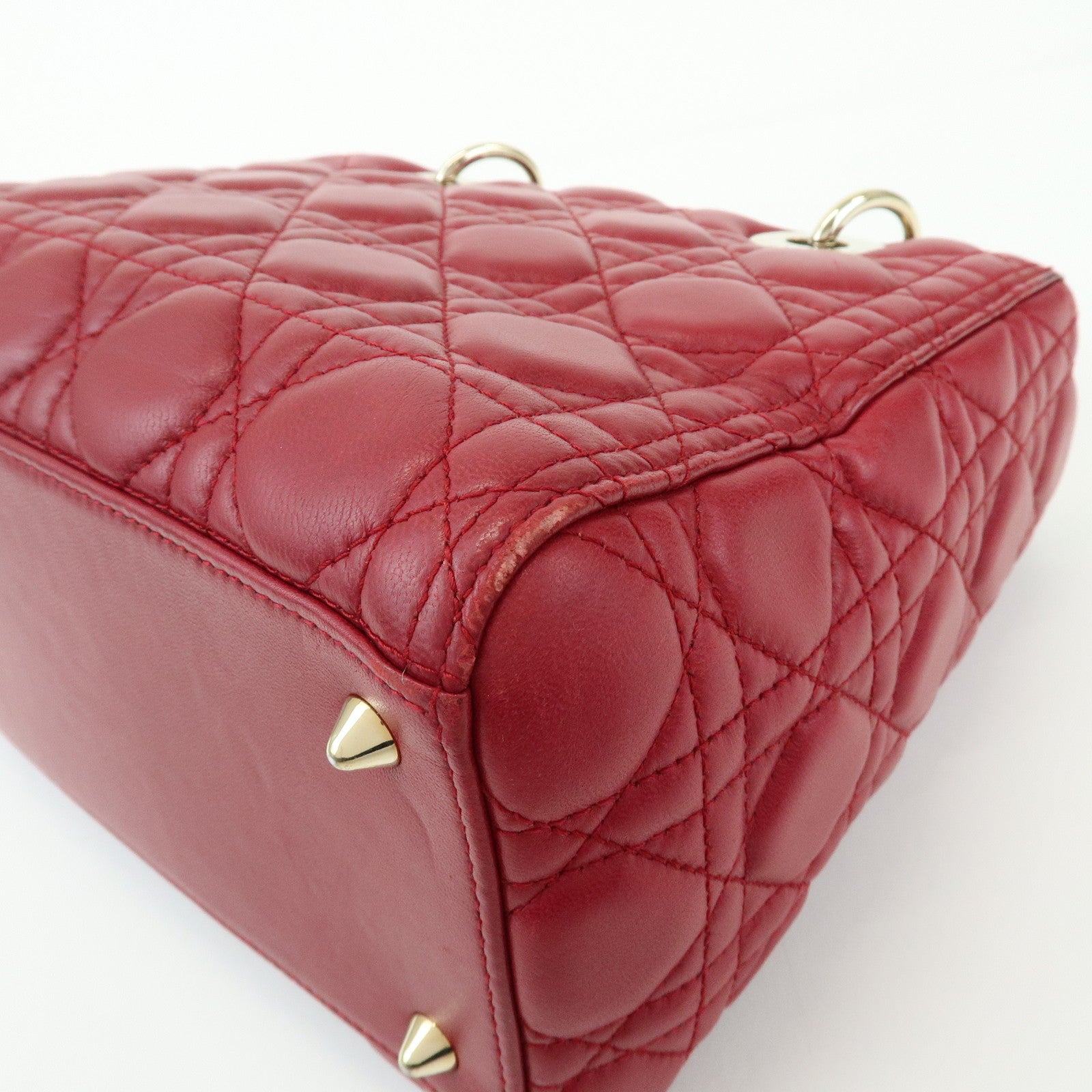 Christian Dior Lady Dior Cannage Lamb Skin Hand Bag Red