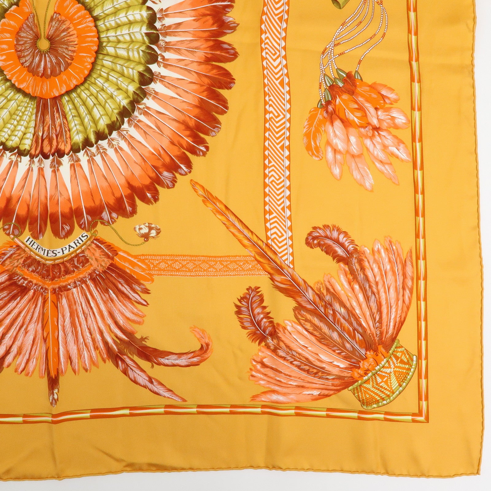 HERMES Carre 90 Silk 100% Scarf BRAZIL Orange Khaki