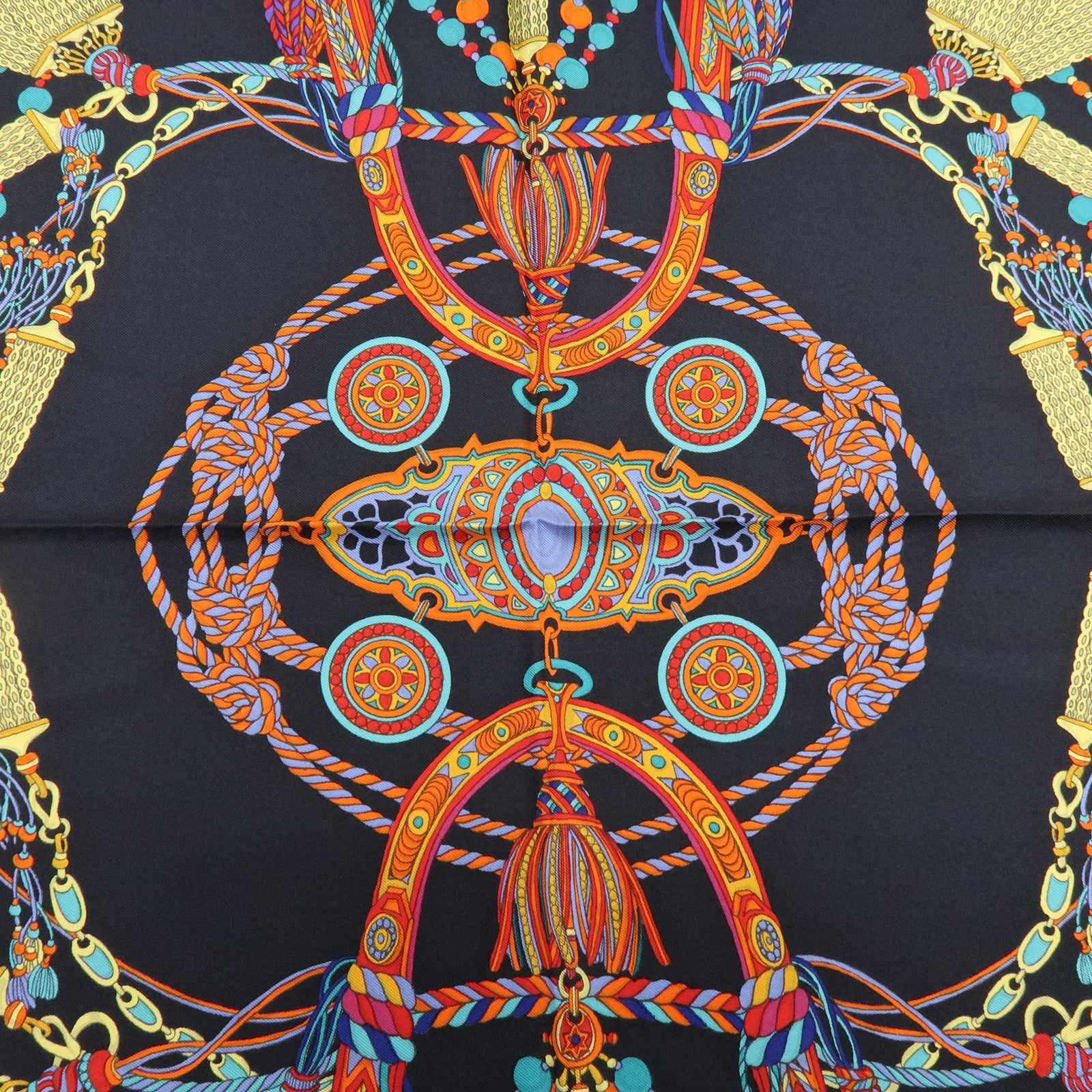 GUCCI Silk 100% Scarf Tassel Motif Black Yellow Multicolor