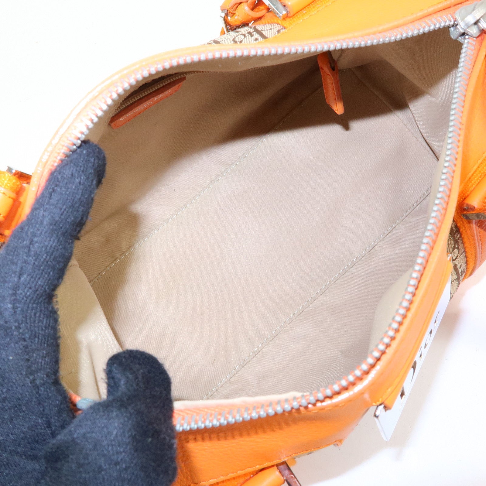 Christian Dior Trotter Jacquard Canvas Leather Hand Bag Beige Orange