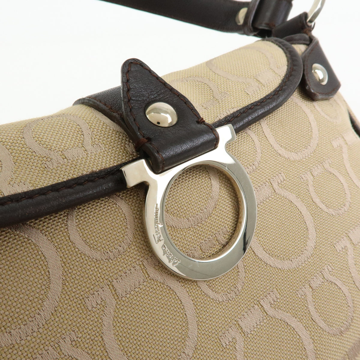 Ferragamo Gancini Jacquard Canvas Leather Hand Bag Beige Brown