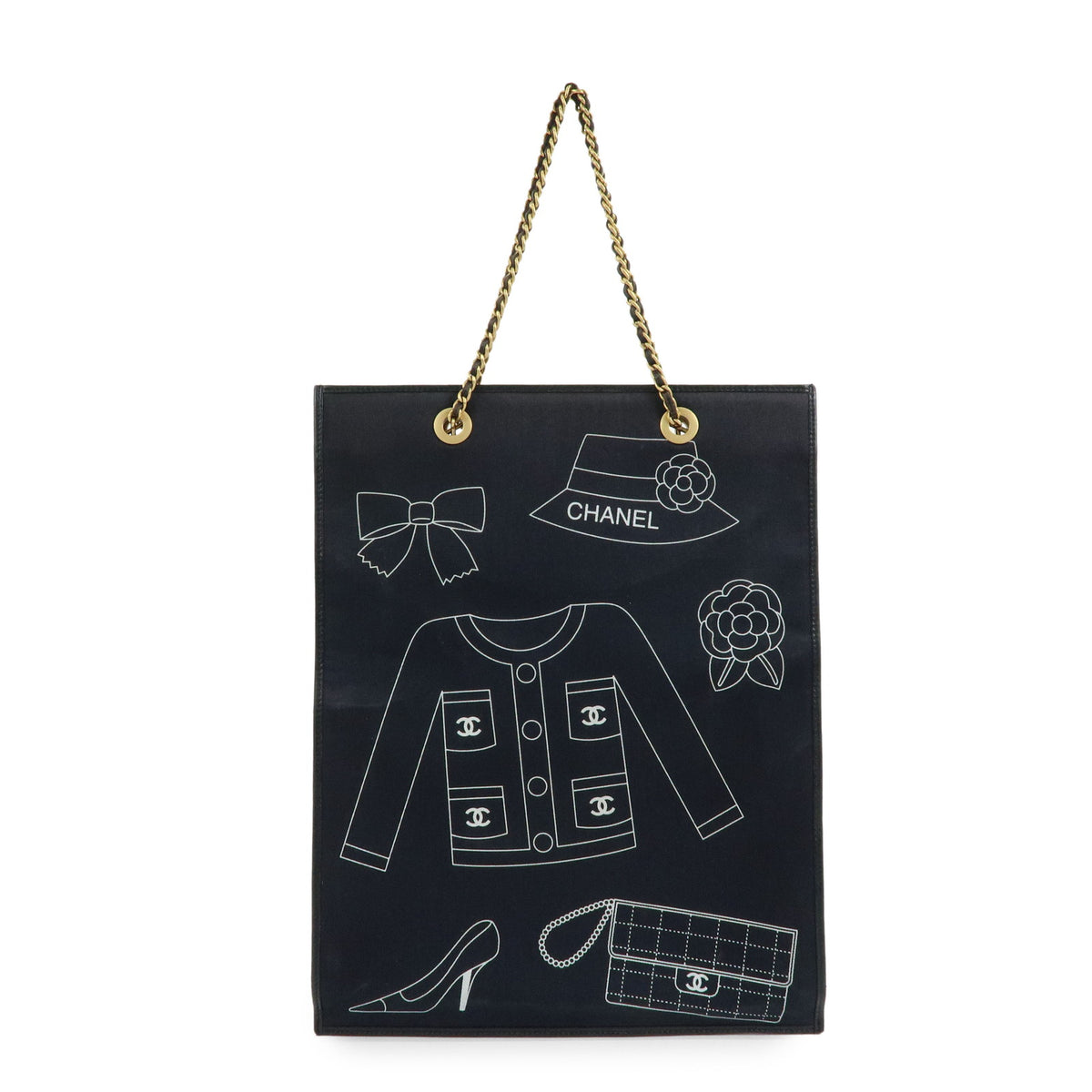 CHANEL Icon Line Canvas Leather Tote Bag Hand Bag Black