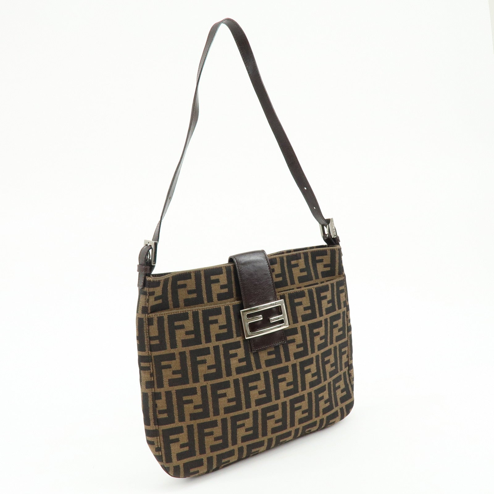 FENDI Zucca Canvas Leather Shoulder Bag Brown Black 26727
