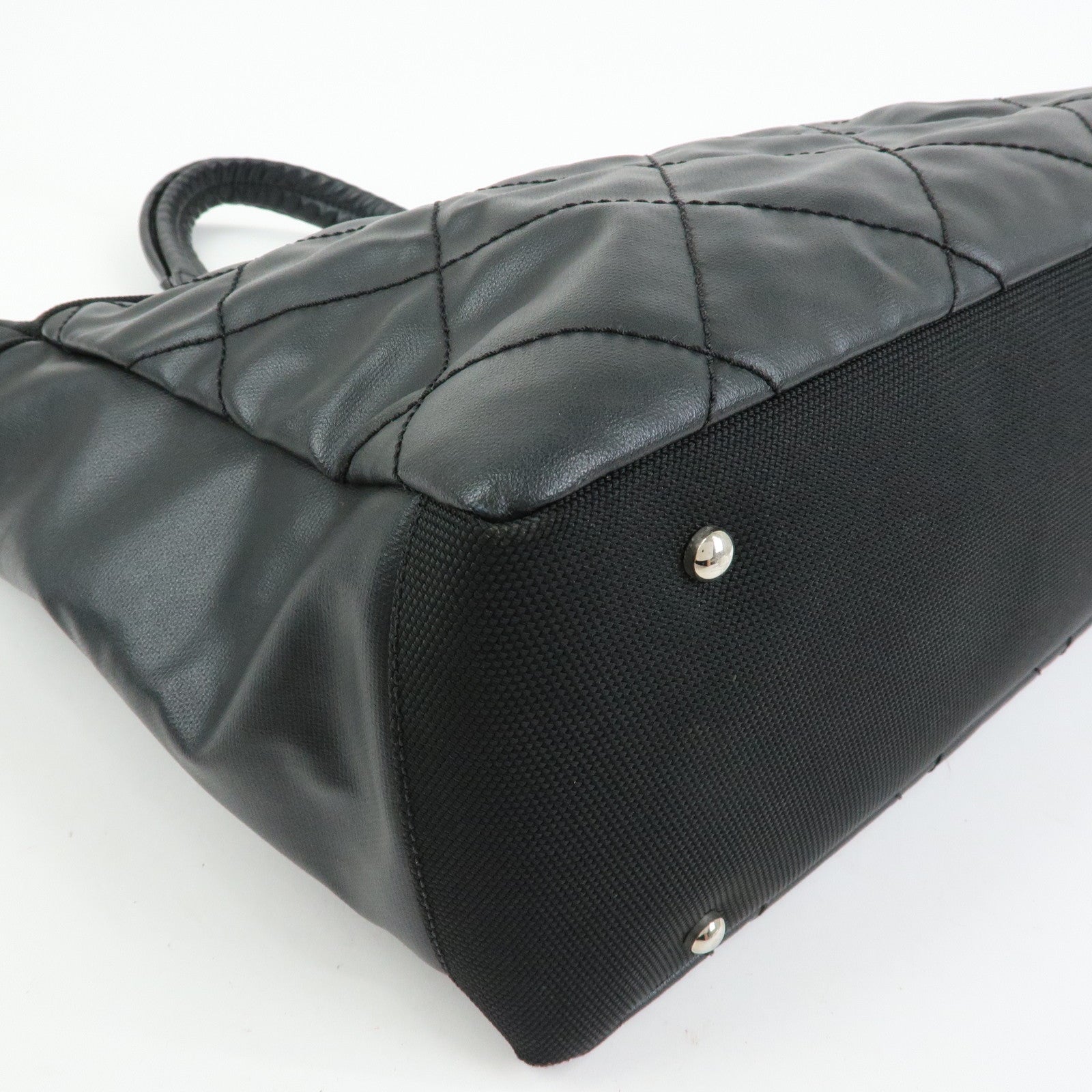 CHANEL Paris Biarritz MM Leather Canvas Tote Bag Hand Bag Black A34209