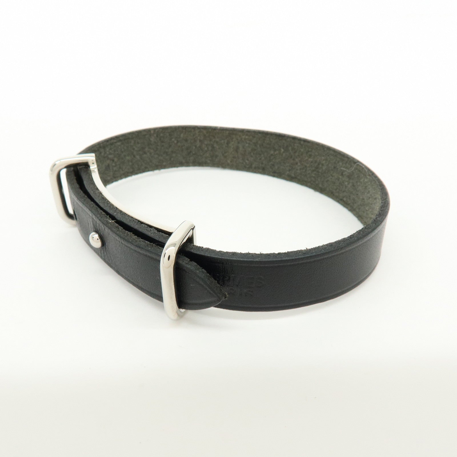 HERMES Api 2 Leather Bracelet Bangle Black □C Stamped Black Silver
