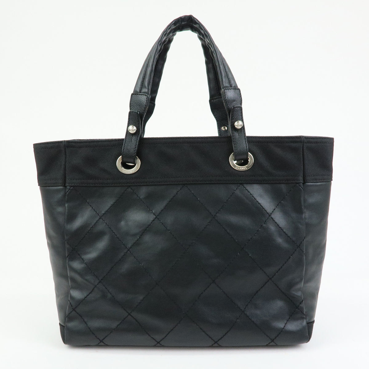 CHANEL Paris Biarritz MM PVC Leather Tote Bag Hand Bag Black A34209
