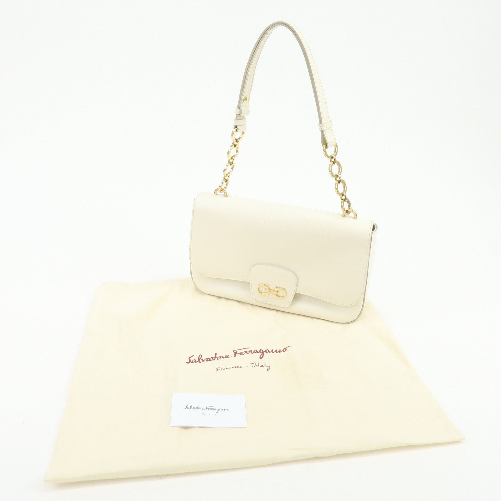 Ferragamo Gancini Leather Chain Shoulder Bag Hand Bag Ivory
