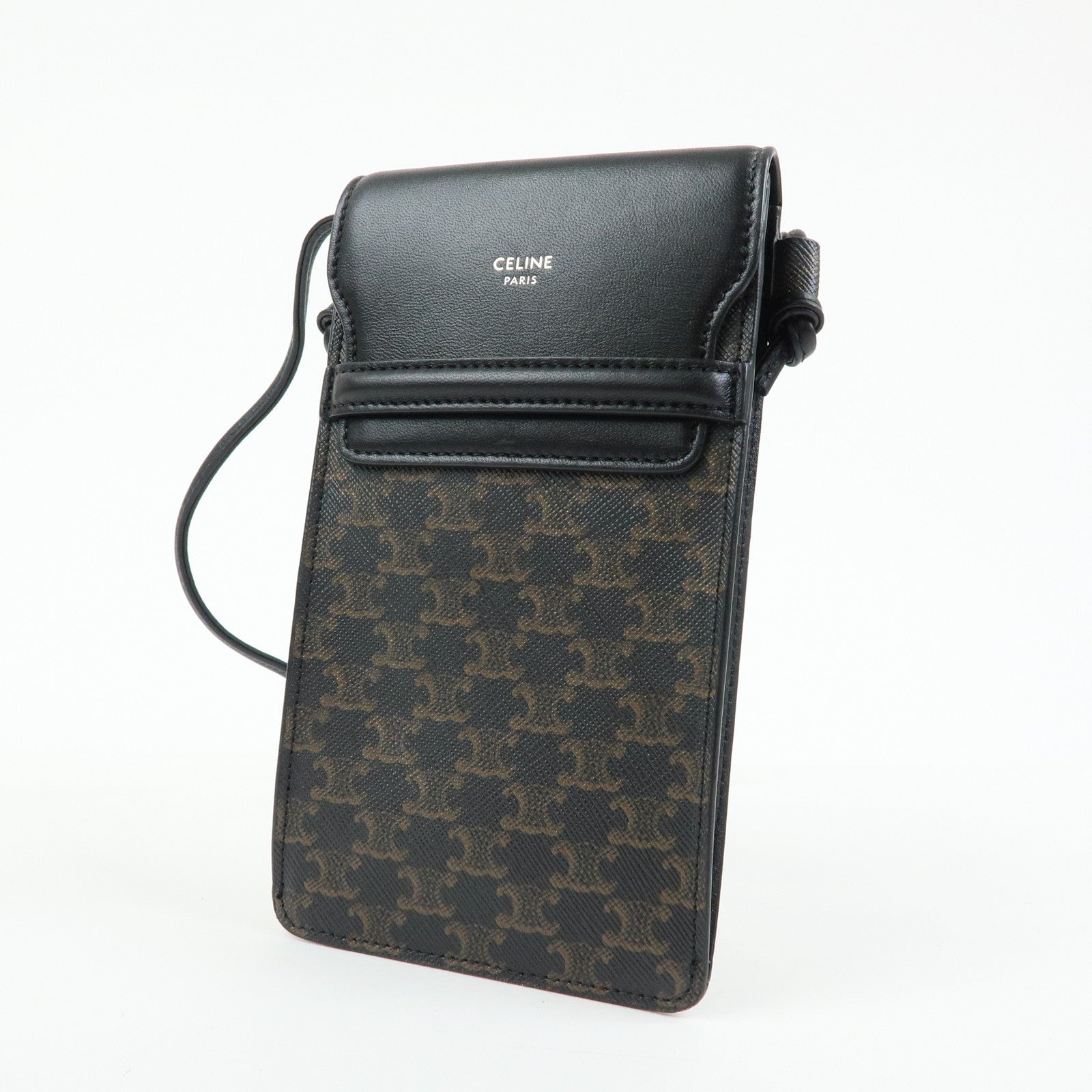 CELINE Triomphe PVC Leahter Mobile Pouch Phone Case Black Brown