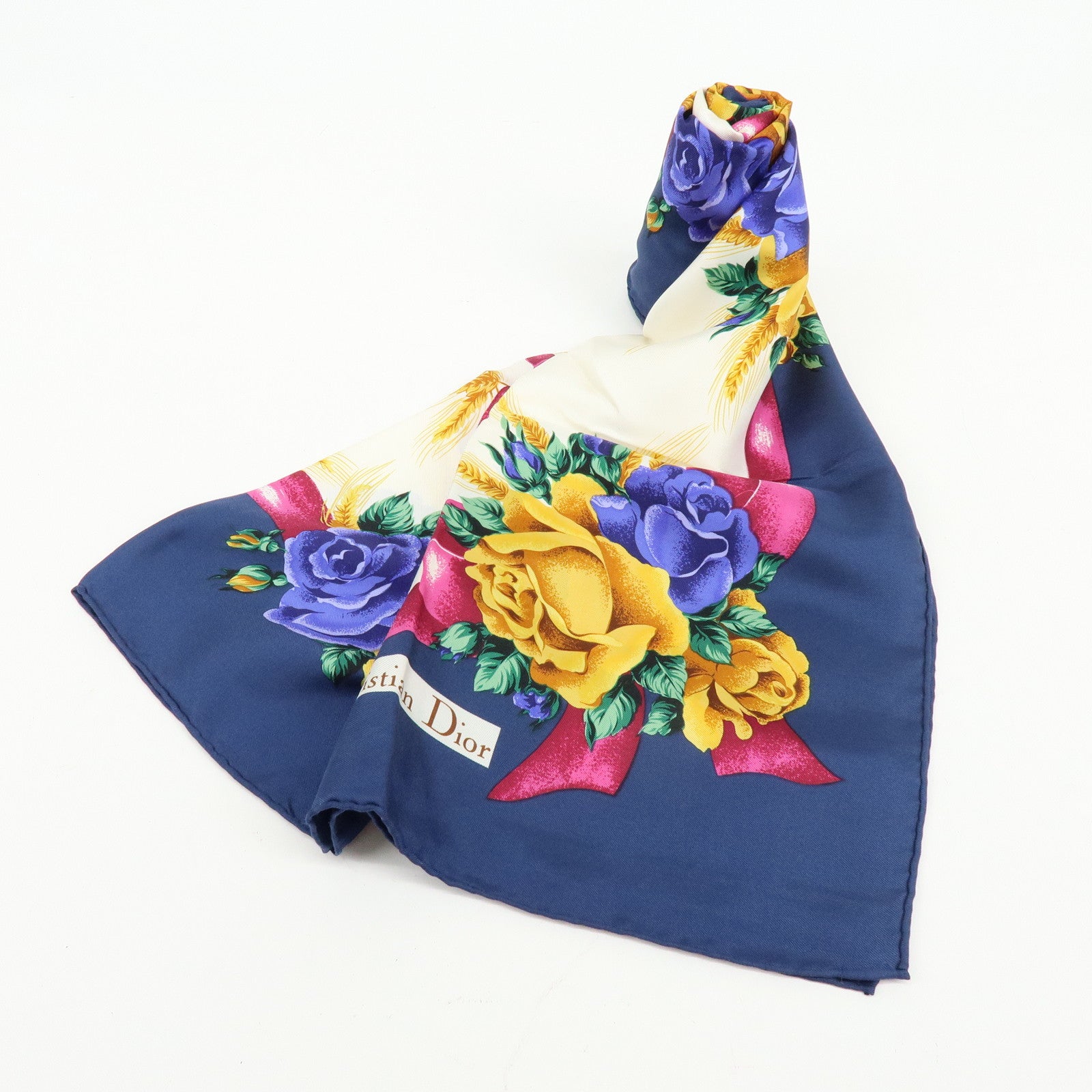 Christian Dior Silk 100% Scarf Flower Wheat Motif Navy Purple Gold