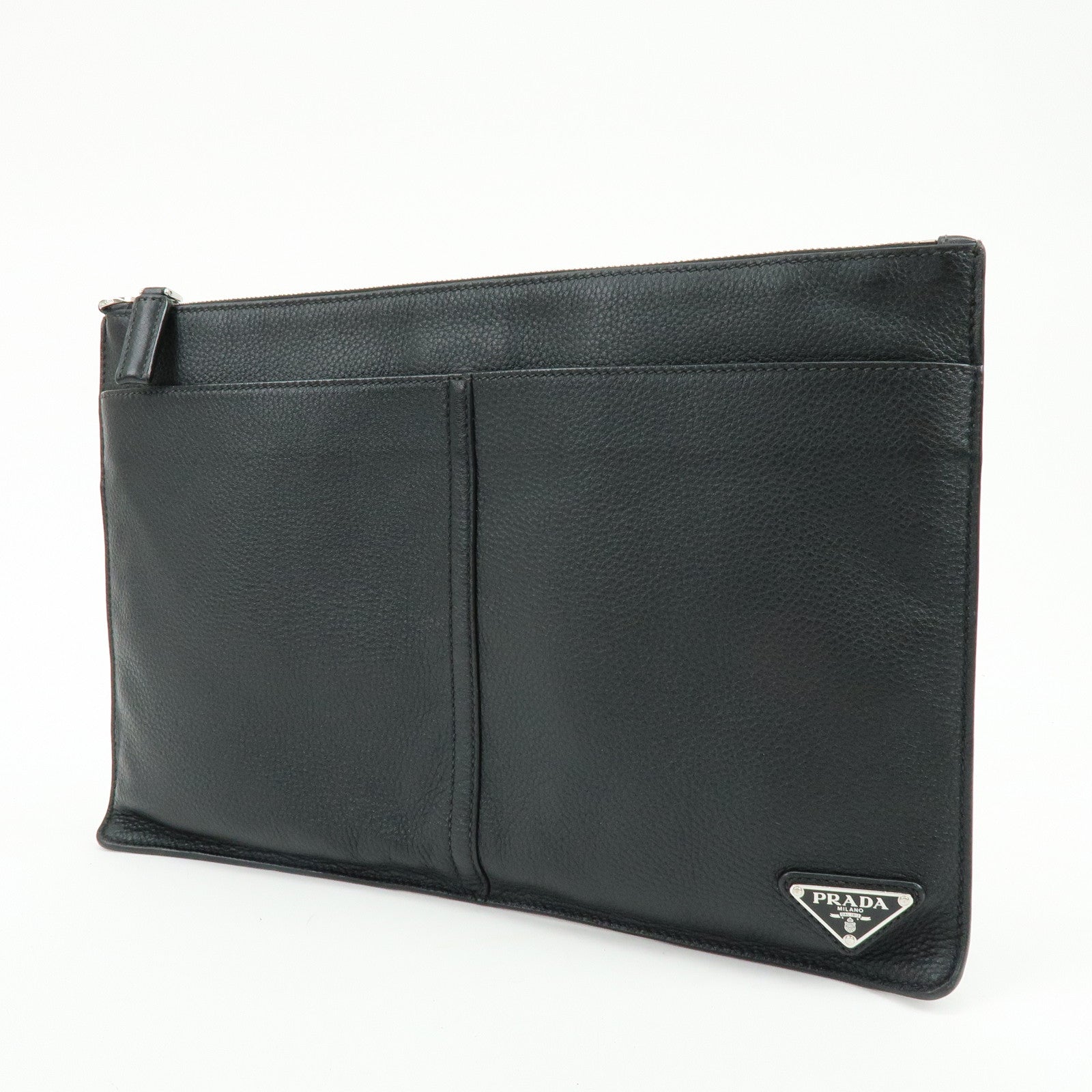 PRADA Triangle Logo Calf Leather Clutch Bag Flat Pouch Black 2VN013