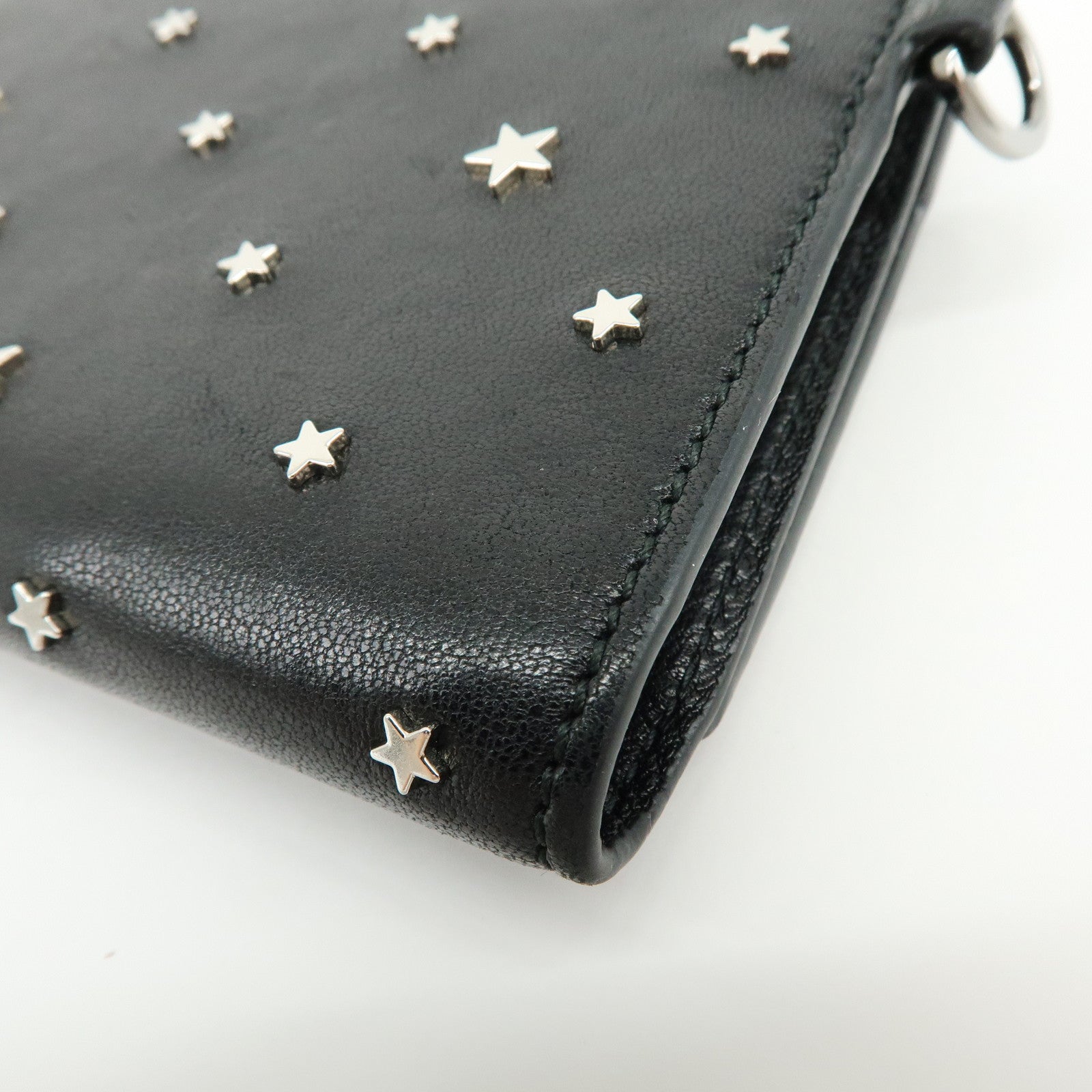Jimmy Choo Leather Tri-fold Chain Wallet Studs Stars Black