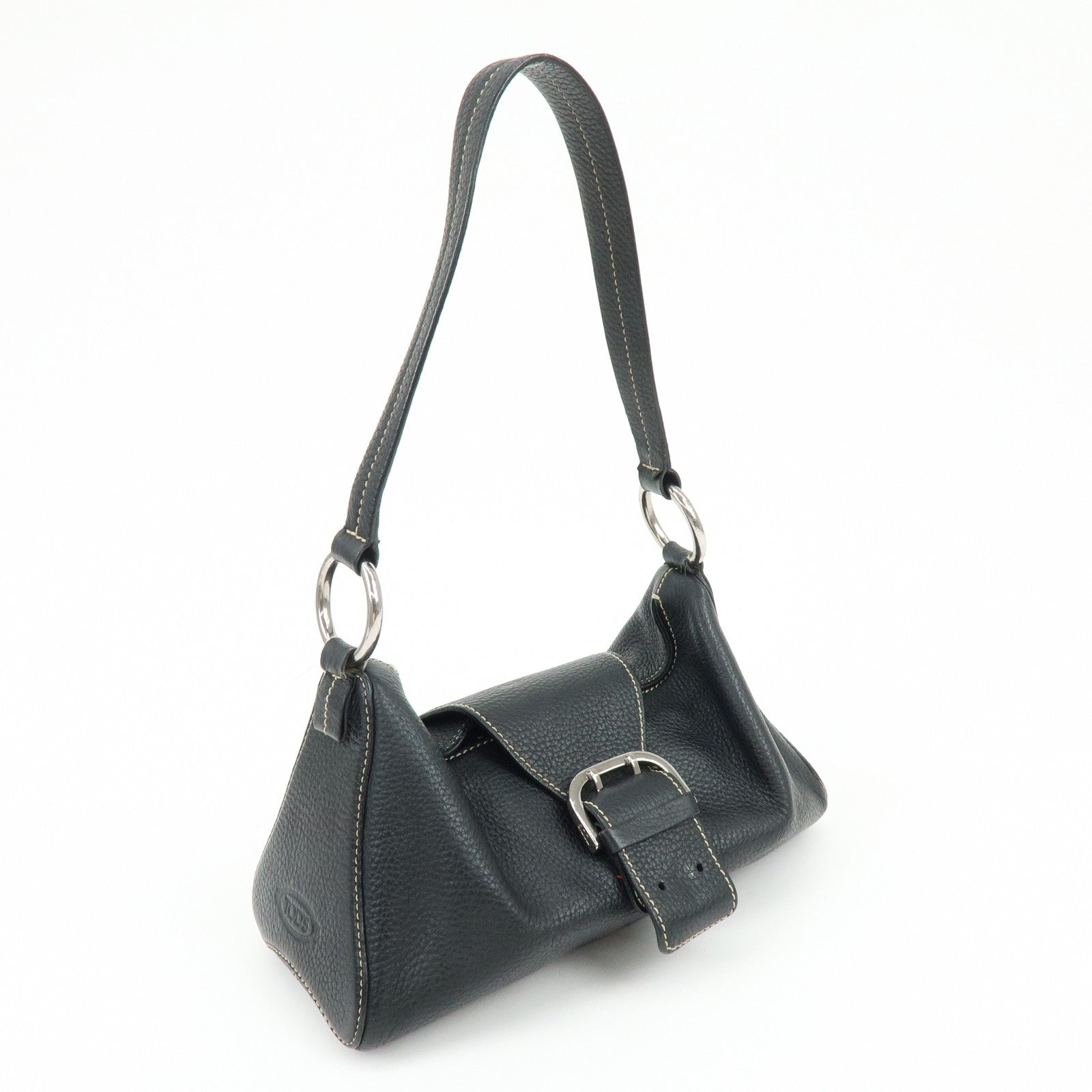 TOD'S Leather Stitched Buckle Hand Bag Shoulder Bag Black