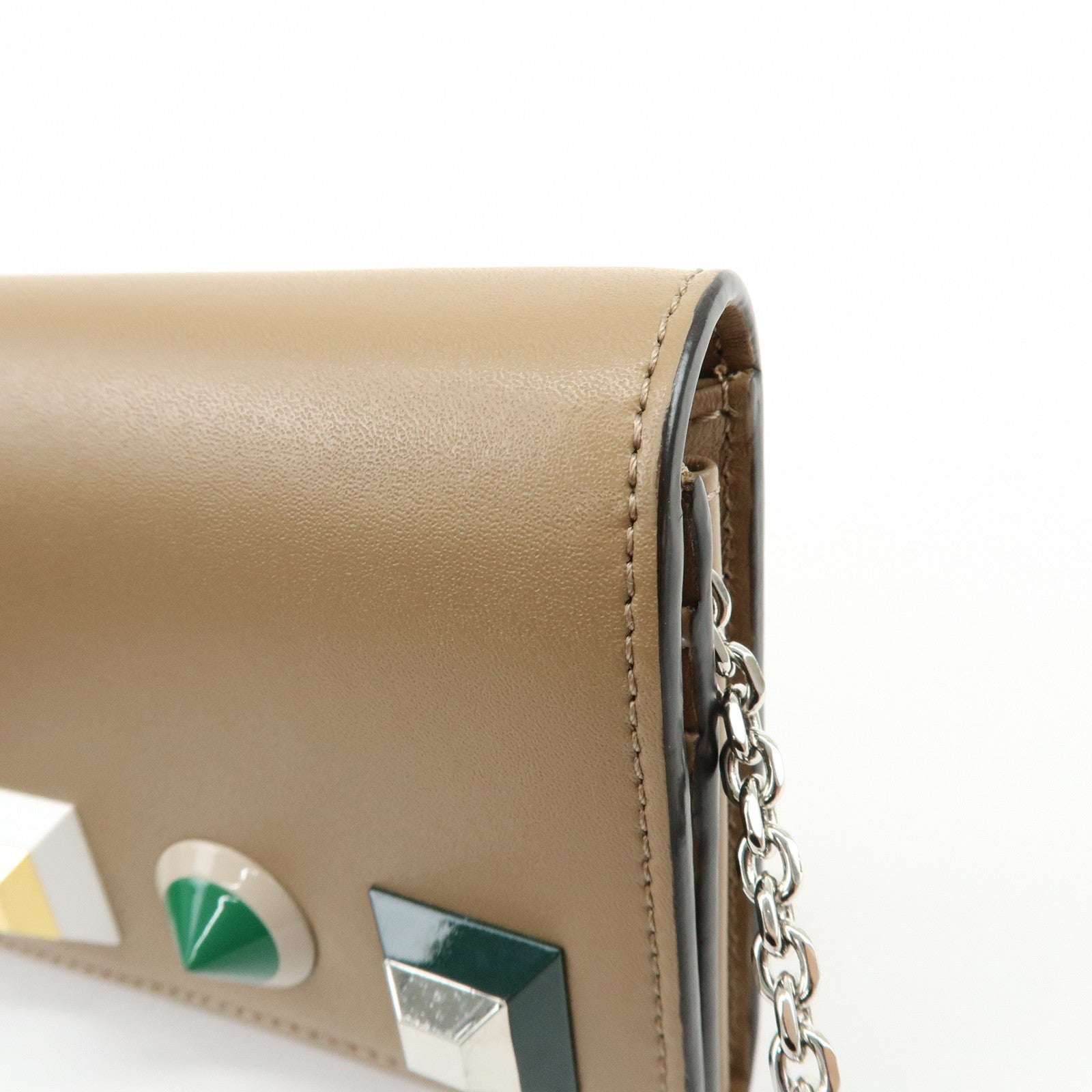 FENDI Leather Studs Chain Shoulder Wallet Long Wallet Beige 8M0365