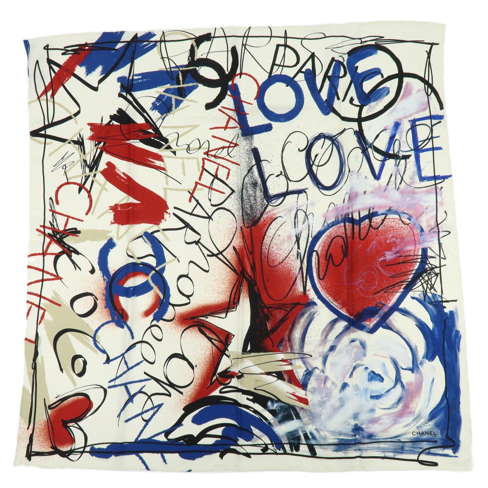 CHANEL Silk 100% Scarf Graffiti Painting LOVE  White Blue Red Black