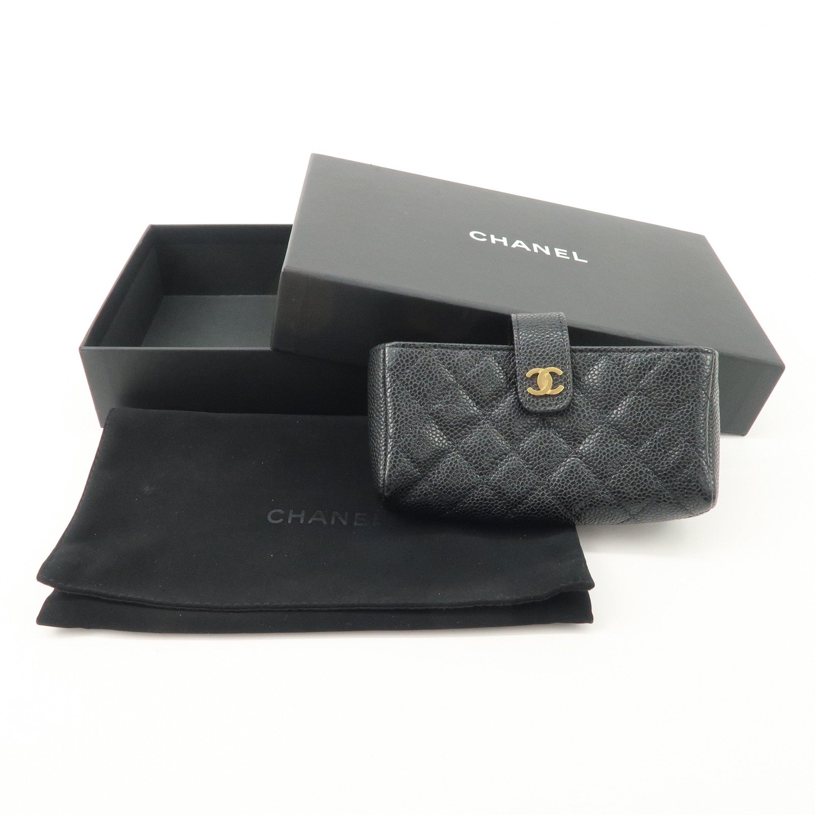 CHANEL COCO Mark Matelasse Caviarskin Pouch Black Gold A48227 Used