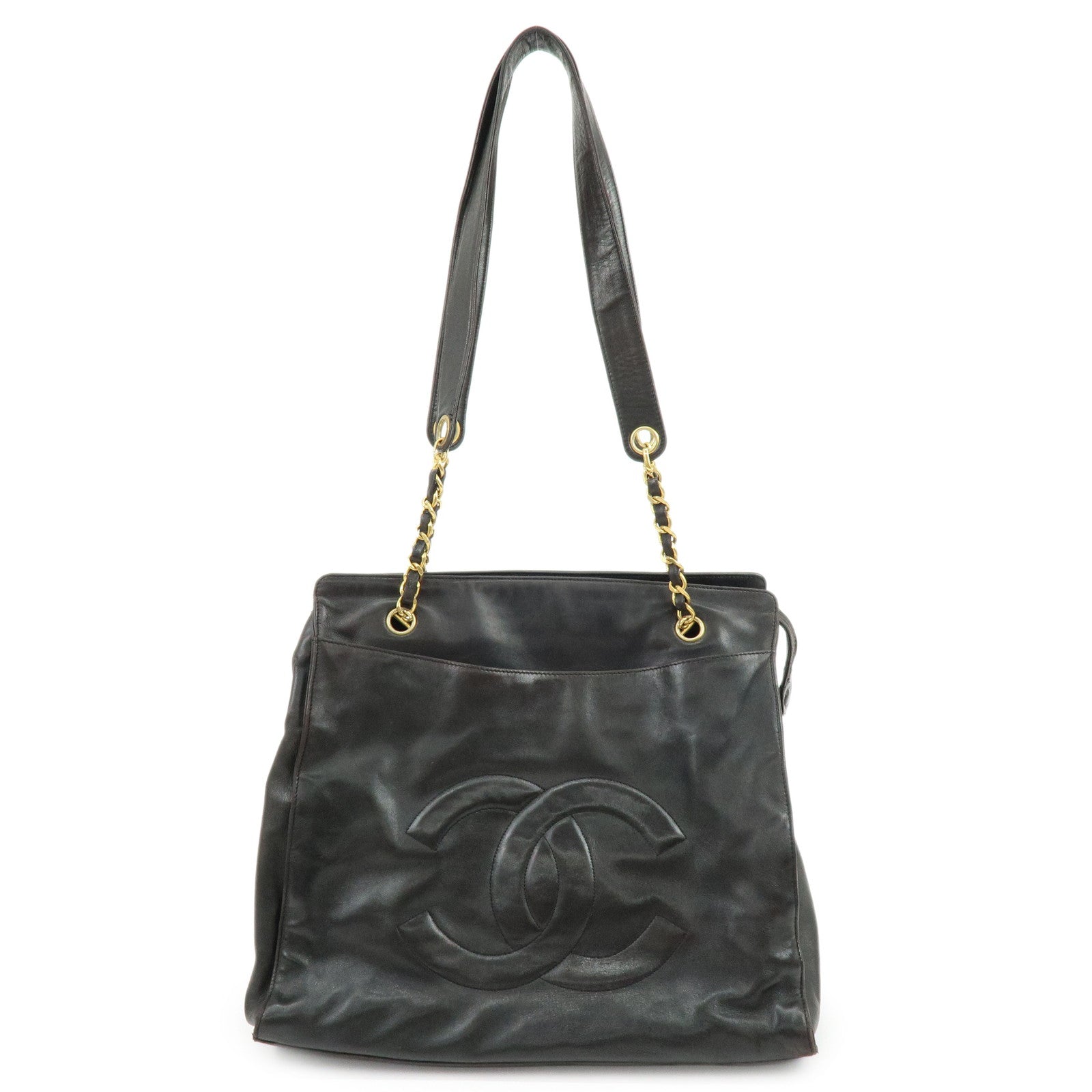 CHANEL COCO Mark Lamb Skin Chain Tote Bag Shoulder Bag  Black