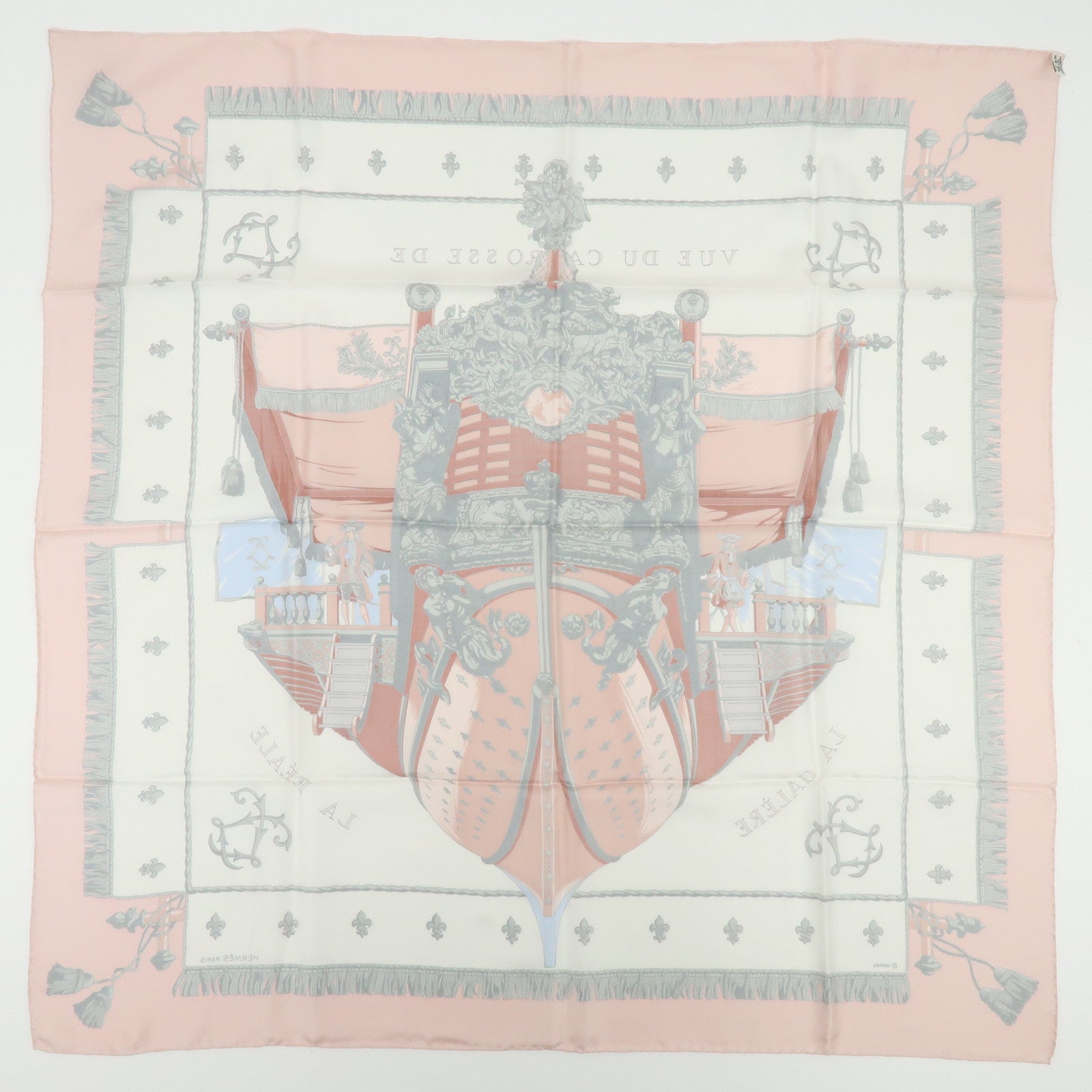 HERMES Carre 90 Silk 100% Scarf VUE DU CARROSSE DE LA GALERE Pink White