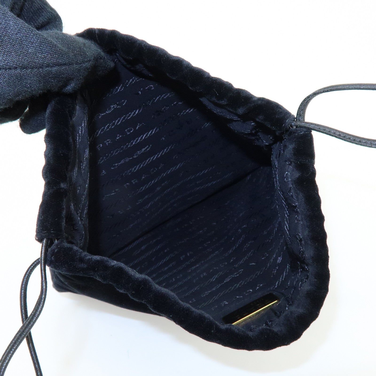 PRADA Logo Velvet Leather Drawstring Pouch Embroidery Black 1MU001