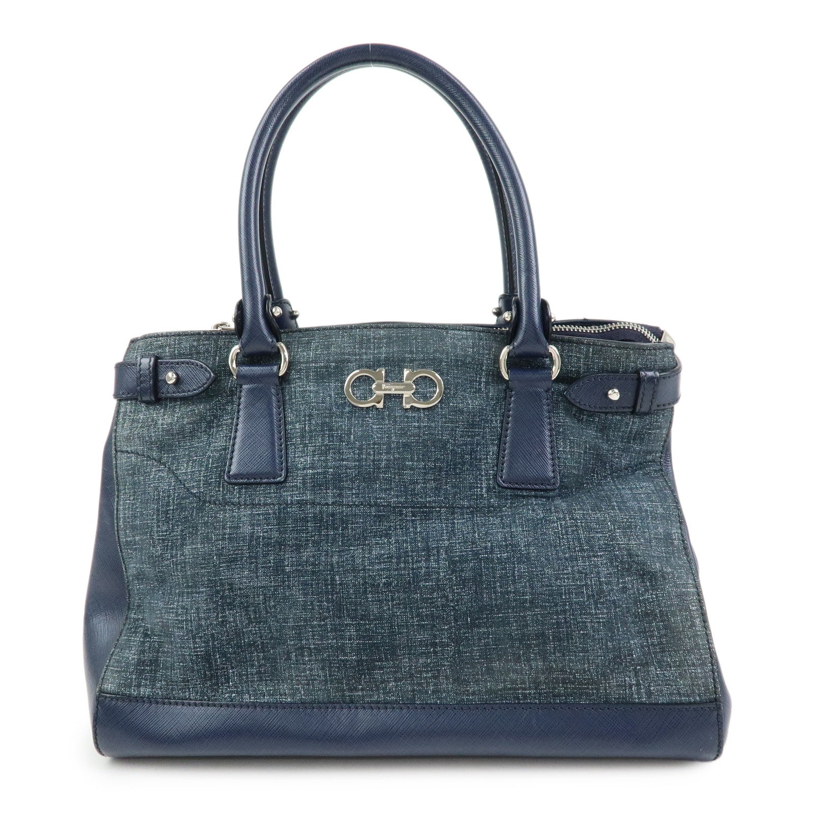 Ferragamo Gancini Canvas Leather 2Way Bag Hand Bag Navy