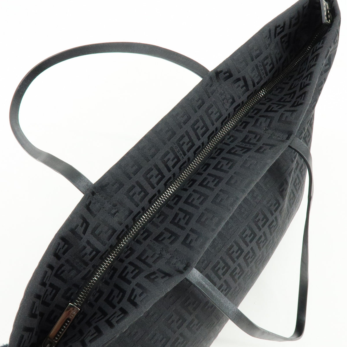FENDI Zucchino Jacquard Canvas Leather Tote Shoulder Bag Black 8BH025