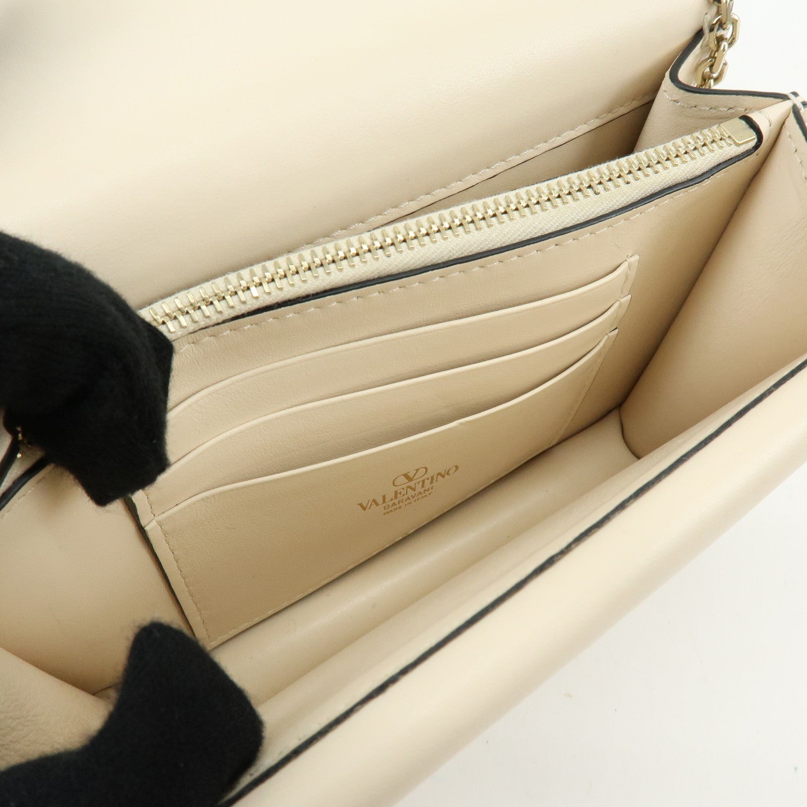 VALENTINO V Logo Leather Chain Shoulder Bag Crossbody Bag Ivory