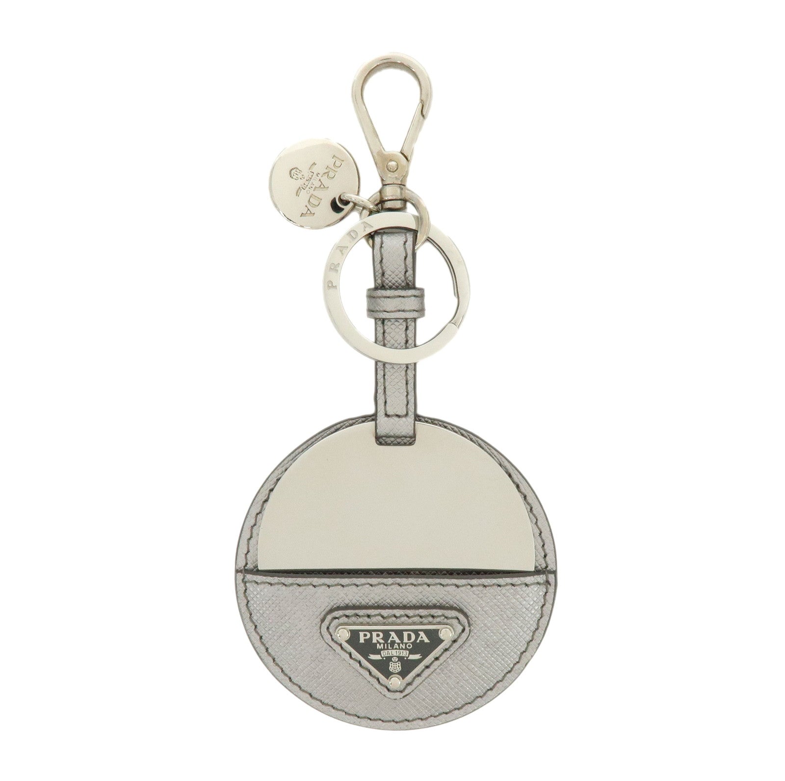 PRADA Triangle Logo Saffiano Leather Bag Charm Key Holder Silver 1TL489