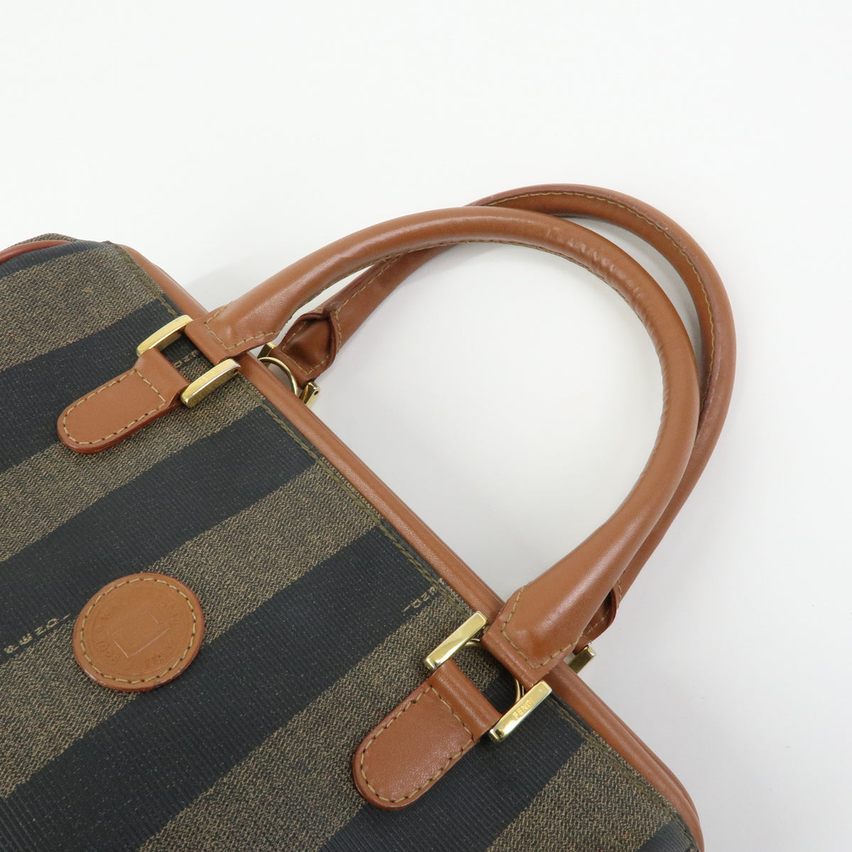 FENDI Pequin PVC Leather Boston Bag Hand Bag Brown Beige Black