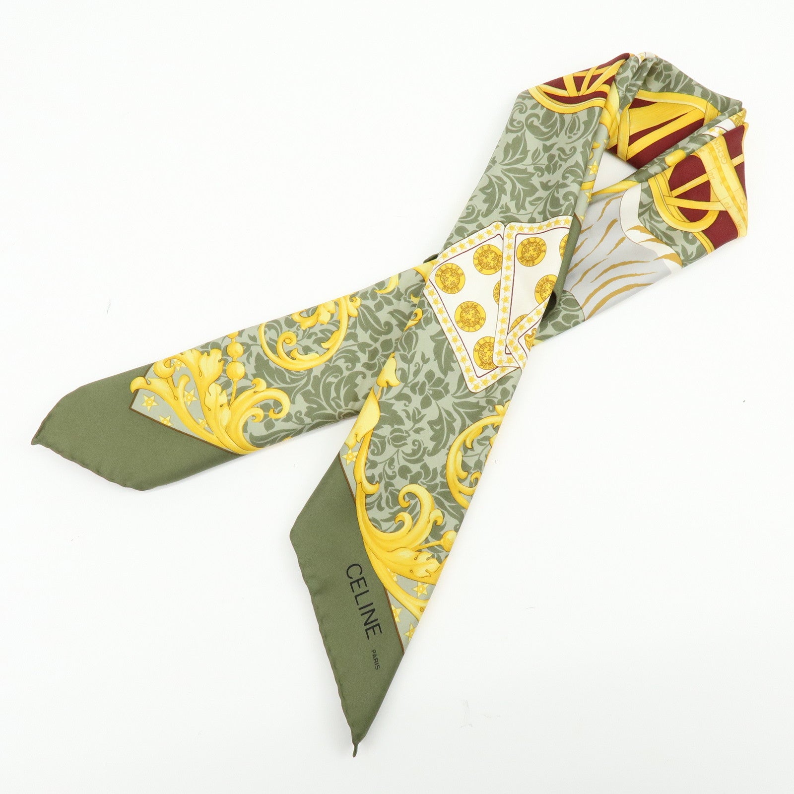 CELINE Silk100% Tiger Print Baroque Motif Scarf Shawl Green Yellow