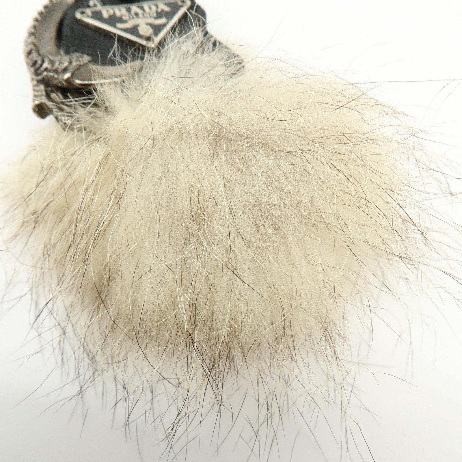PRADA Triangle Log Saffiano Leather Fur Bag Charm Key Charm Beige