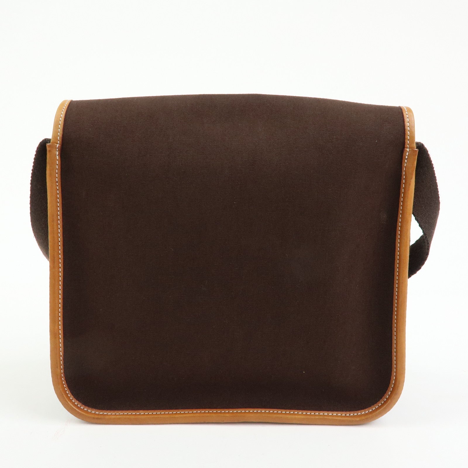 HERMES Buenaventura PM Toile Officier Leather Shoulder Bag Dark Brown
