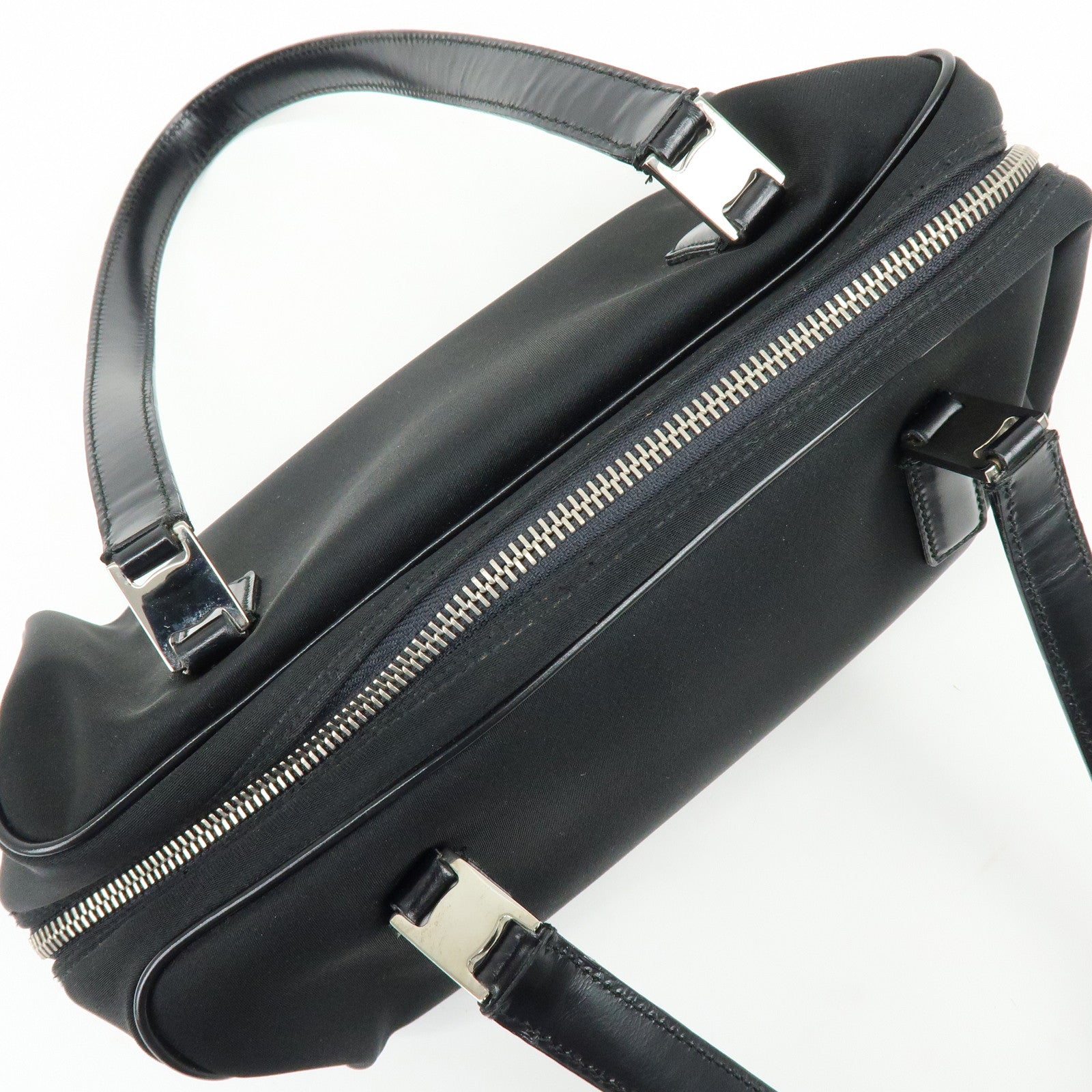 Ferragamo Nylon Leather Hand Bag Mini Boston Bag Black