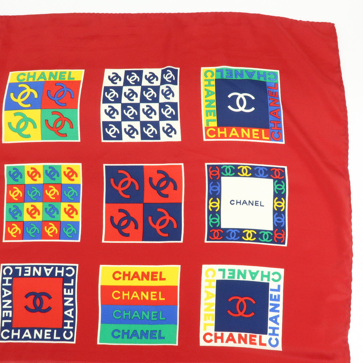 CHANEL COCO Mark Logo Silk 100% Scarf Red Multicolor