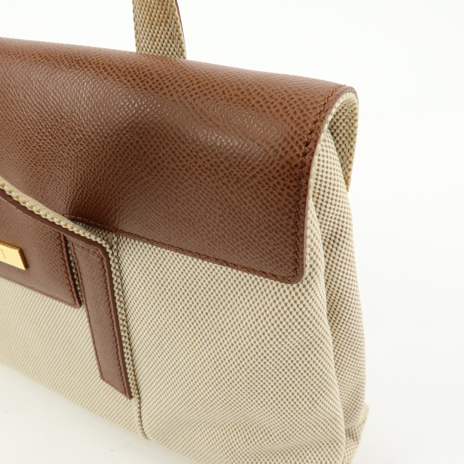 BVLGARI Canvas Leather Flap Shoulder Hand Bag Beige Brown