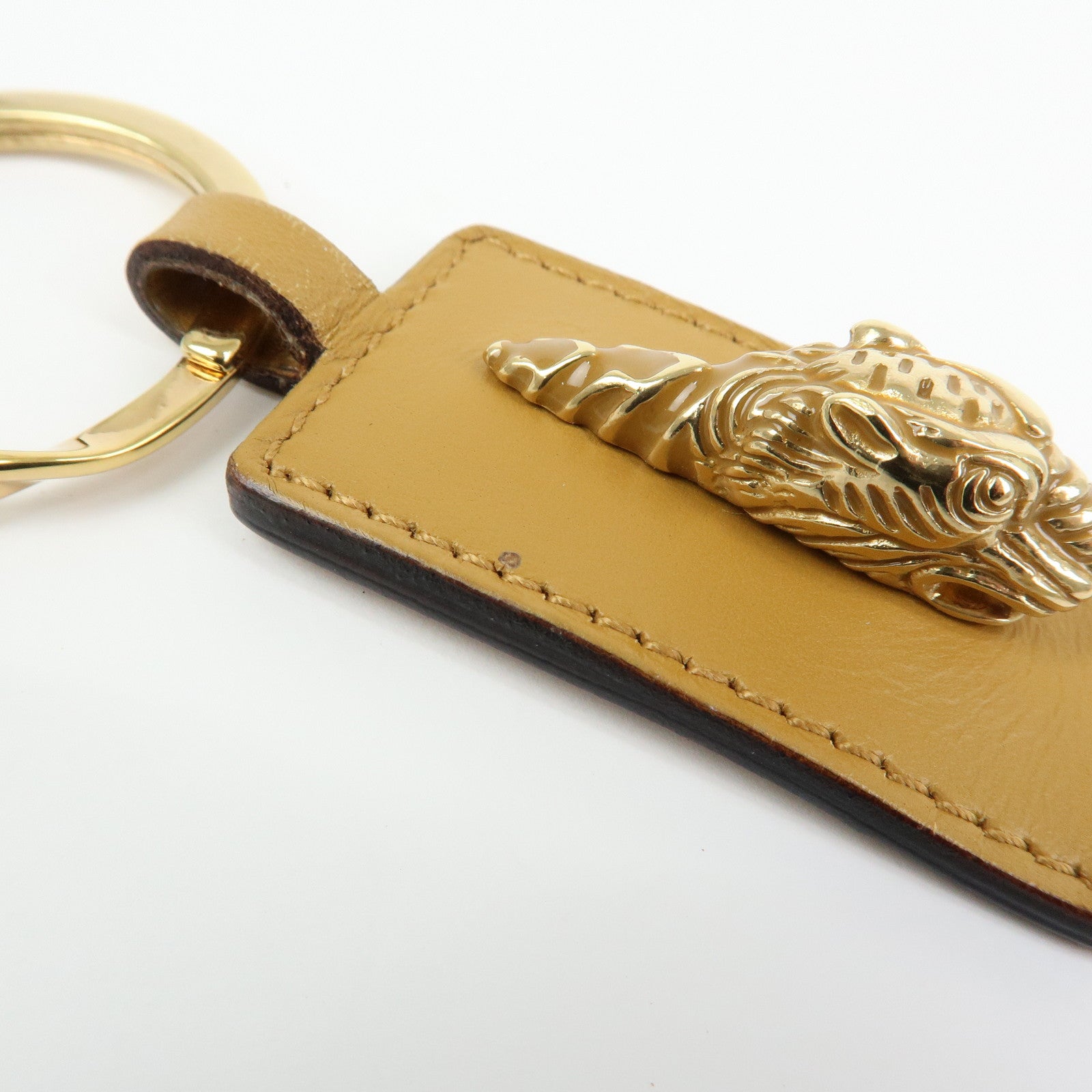 GUCCI Tiger Head Leather Metal Bag Charm Key Holder Brown Gold