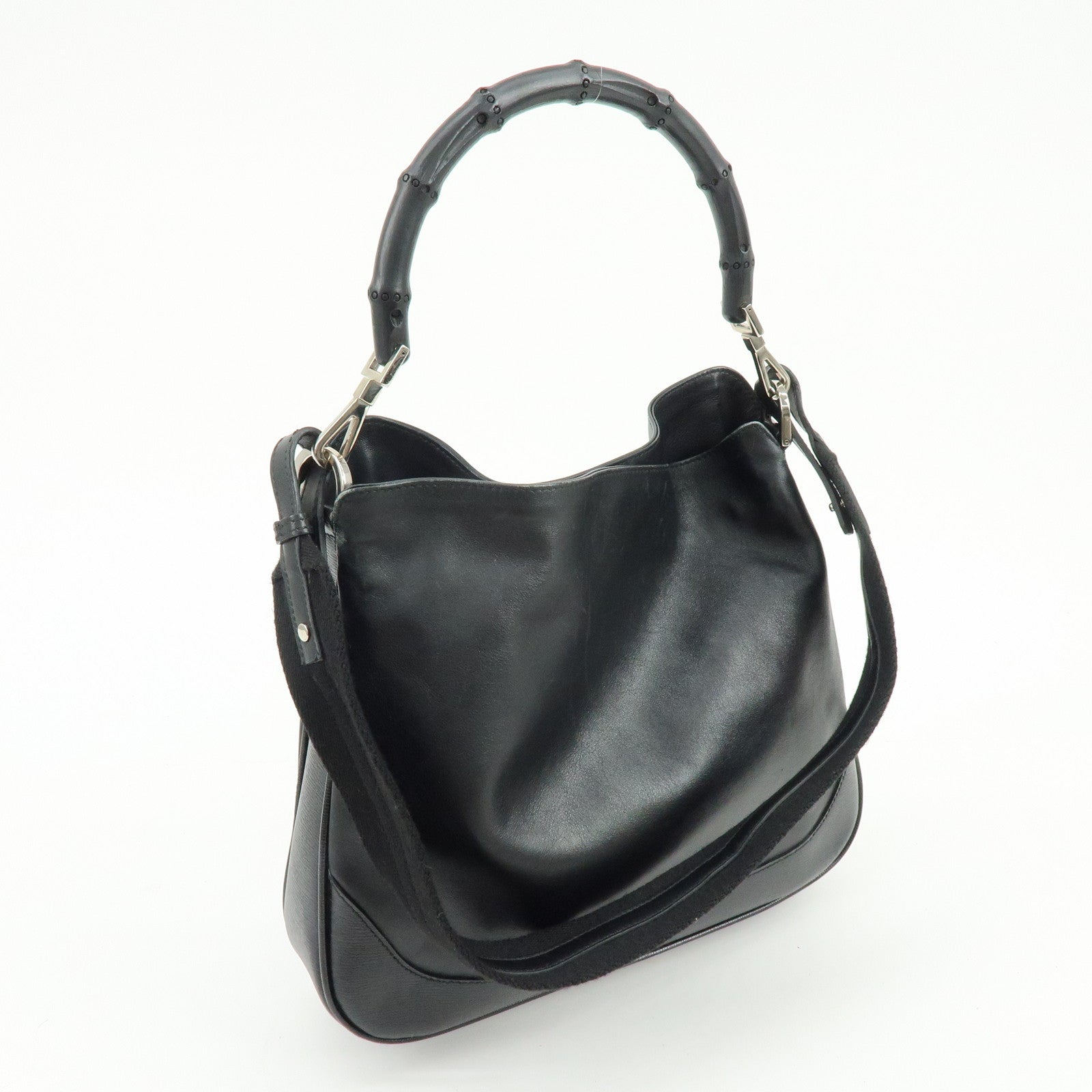 GUCCI Bamboo Leather 2Way Bag Shoulder Bag Hand Bag Black 002058