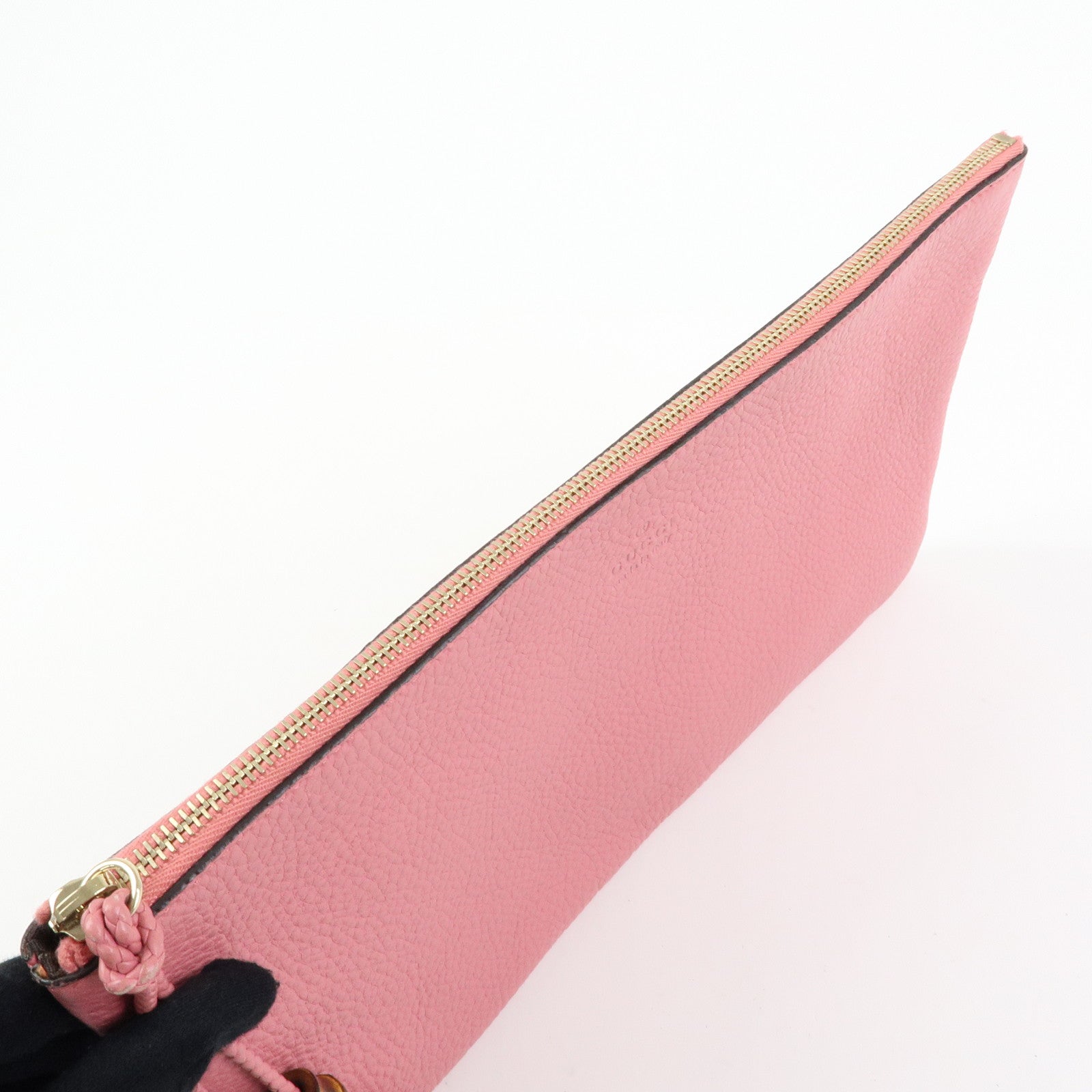 GUCCI Bamboo Leather Clutch Bag Pouch Tassel Charm Pink 376858