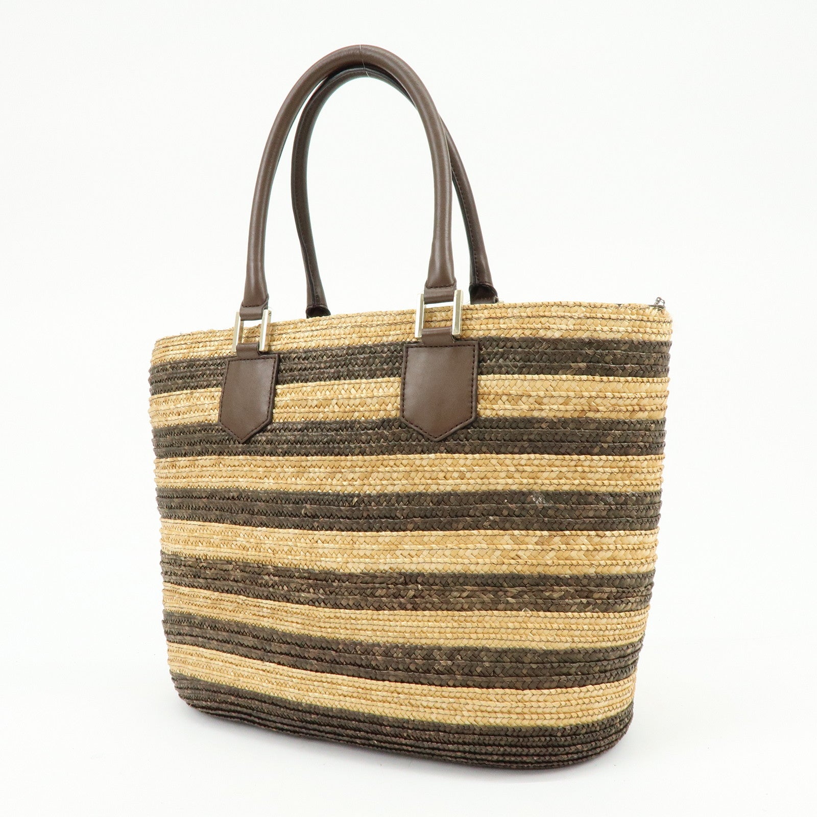 FENDI Pequin Raffia Leather Tote Bag Shoulder Bag Brown Natural