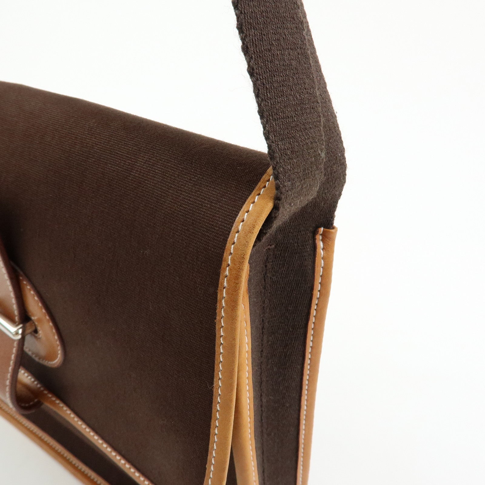 HERMES Buenaventura PM Toile Officier Leather Shoulder Bag Dark Brown