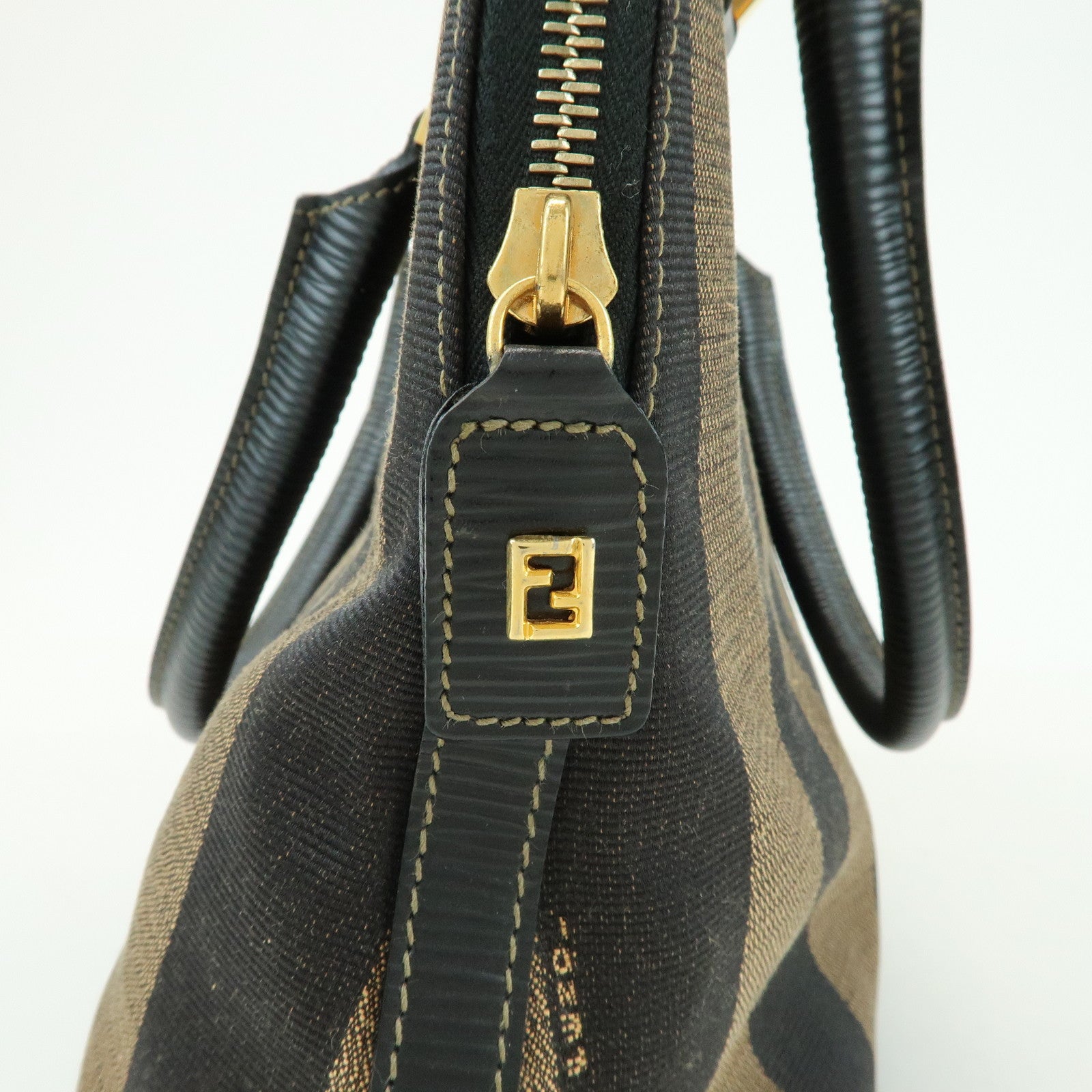 FENDI Pequin Canvas Embossed Leather 2Way Bag Hand Bag Brown