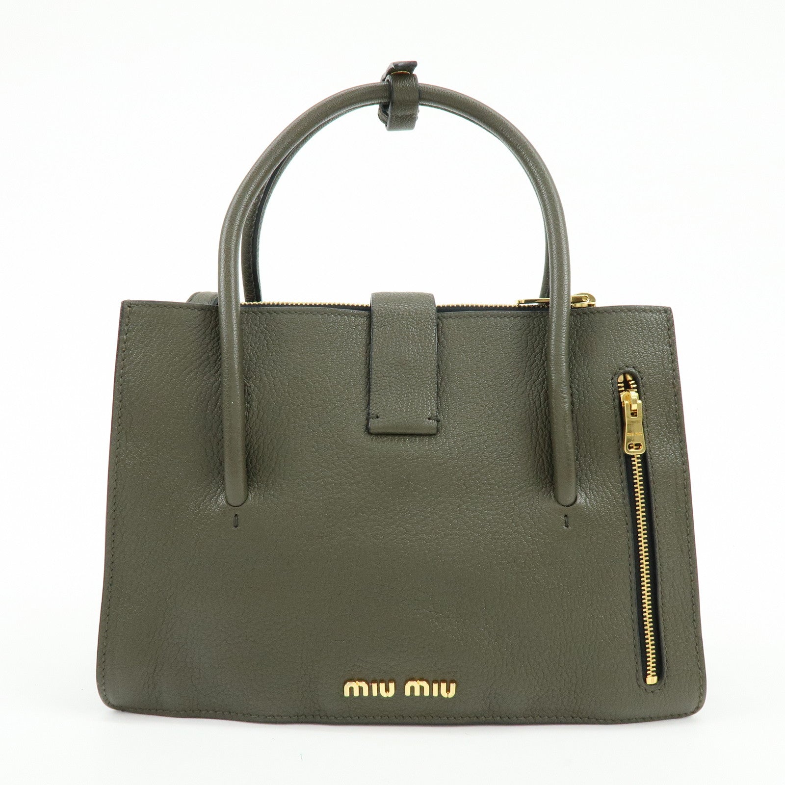 MIU MIU Madras Leather 2Way Bag Hand Bag Shoulder Bag Khaki 5BA104