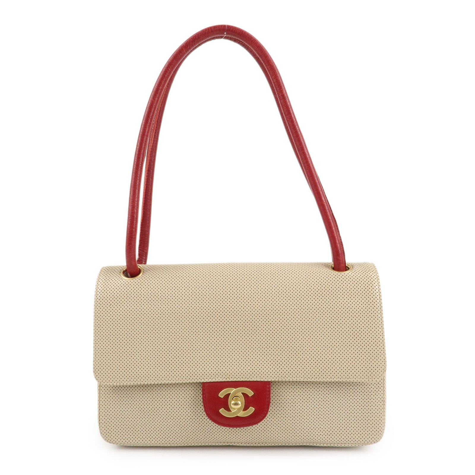 CHANEL COCO Mark Punching Leather Shoulder Bag Hand Bag Beige Red Used